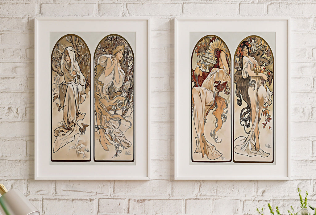 Art Nouveau Print Set of 2 Vintage Painting Famous Art Prints. Reworked Art Nouveau Poster, Seasons Women Illustration. Printable Wall Art