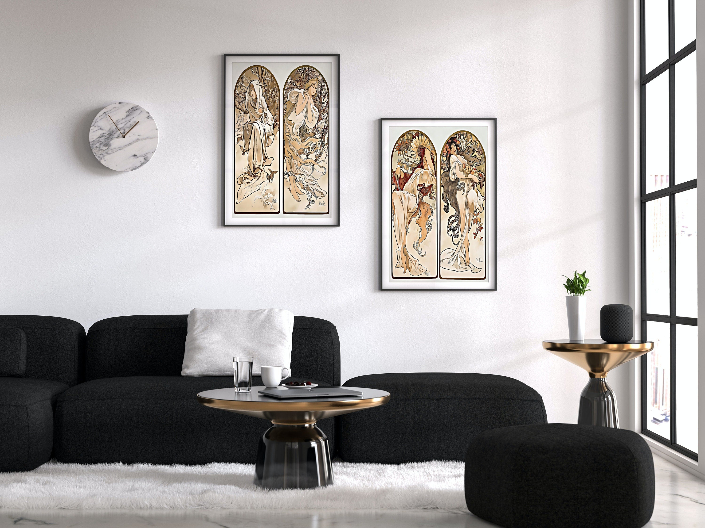 Art Nouveau Print Set of 2 Vintage Painting Famous Art Prints. Reworked Art Nouveau Poster, Seasons Women Illustration. Printable Wall Art