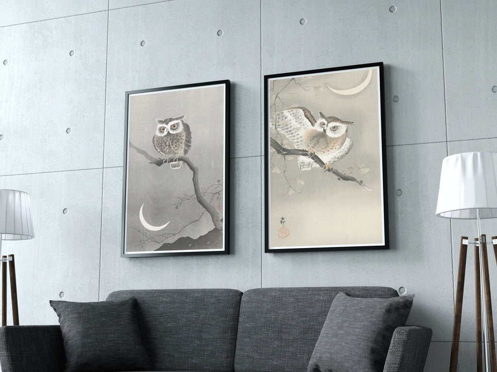 Owl Paintings Vintage Japanese Art Posters. Set of 2 Prints Instant Download Owl on Branch Japanese Owl Painting. Printable Japanese Owl Art
