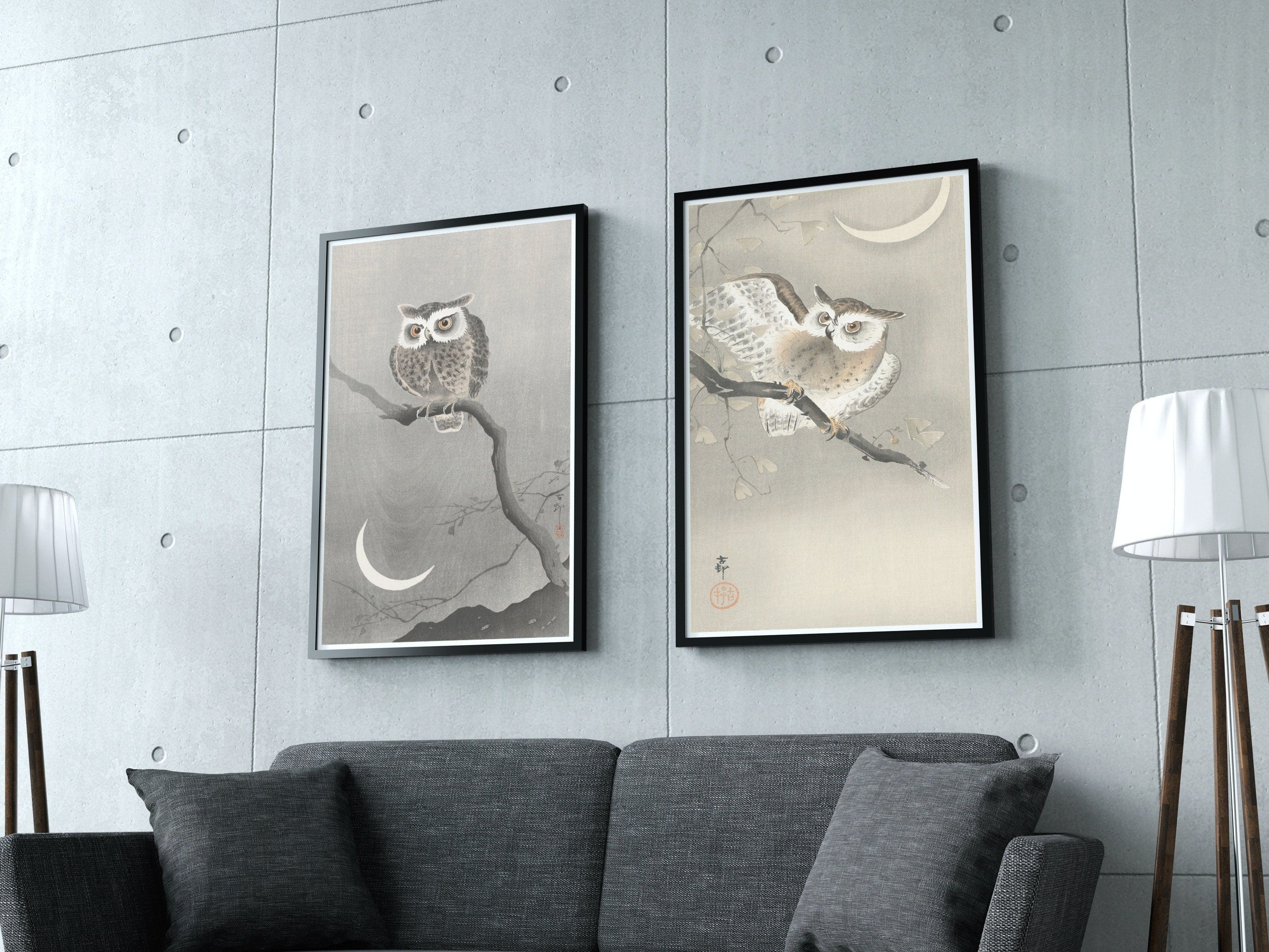 Owl Paintings Vintage Japanese Art Posters. Set of 2 Prints Instant Download Owl on Branch Japanese Owl Painting. Printable Japanese Owl Art