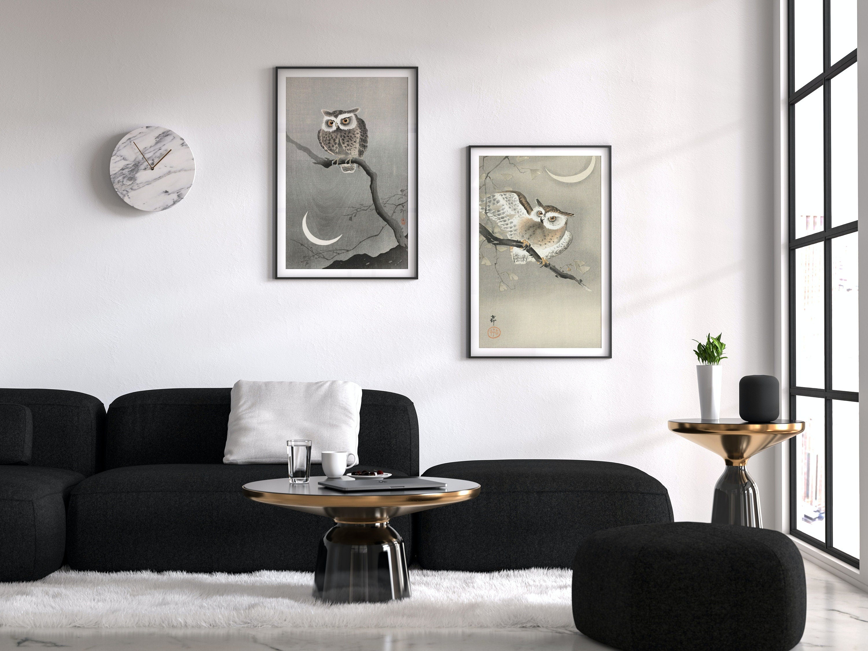 Owl Paintings Vintage Japanese Art Posters. Set of 2 Prints Instant Download Owl on Branch Japanese Owl Painting. Printable Japanese Owl Art