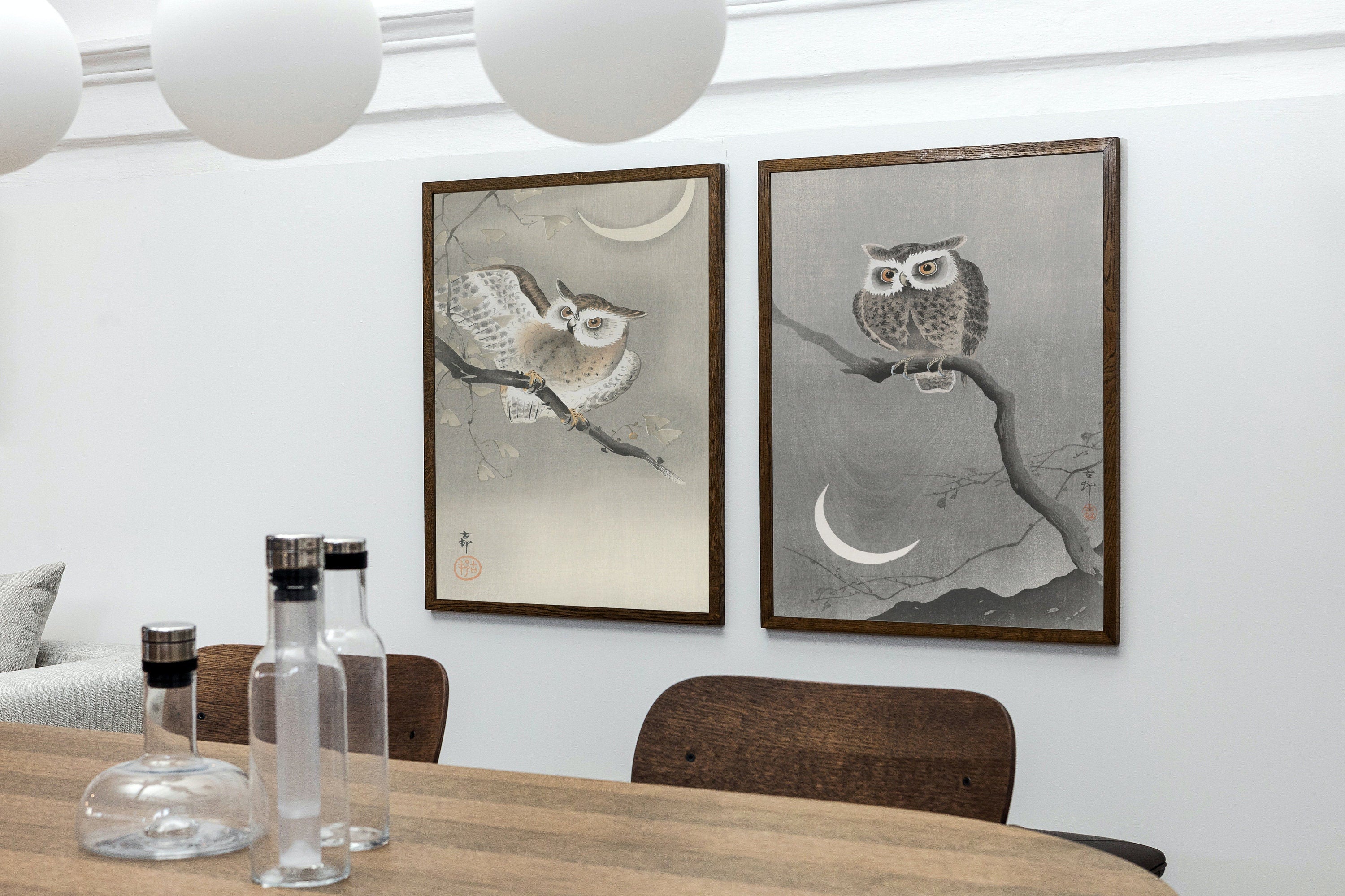 Owl Paintings Vintage Japanese Art Posters. Set of 2 Prints Instant Download Owl on Branch Japanese Owl Painting. Printable Japanese Owl Art