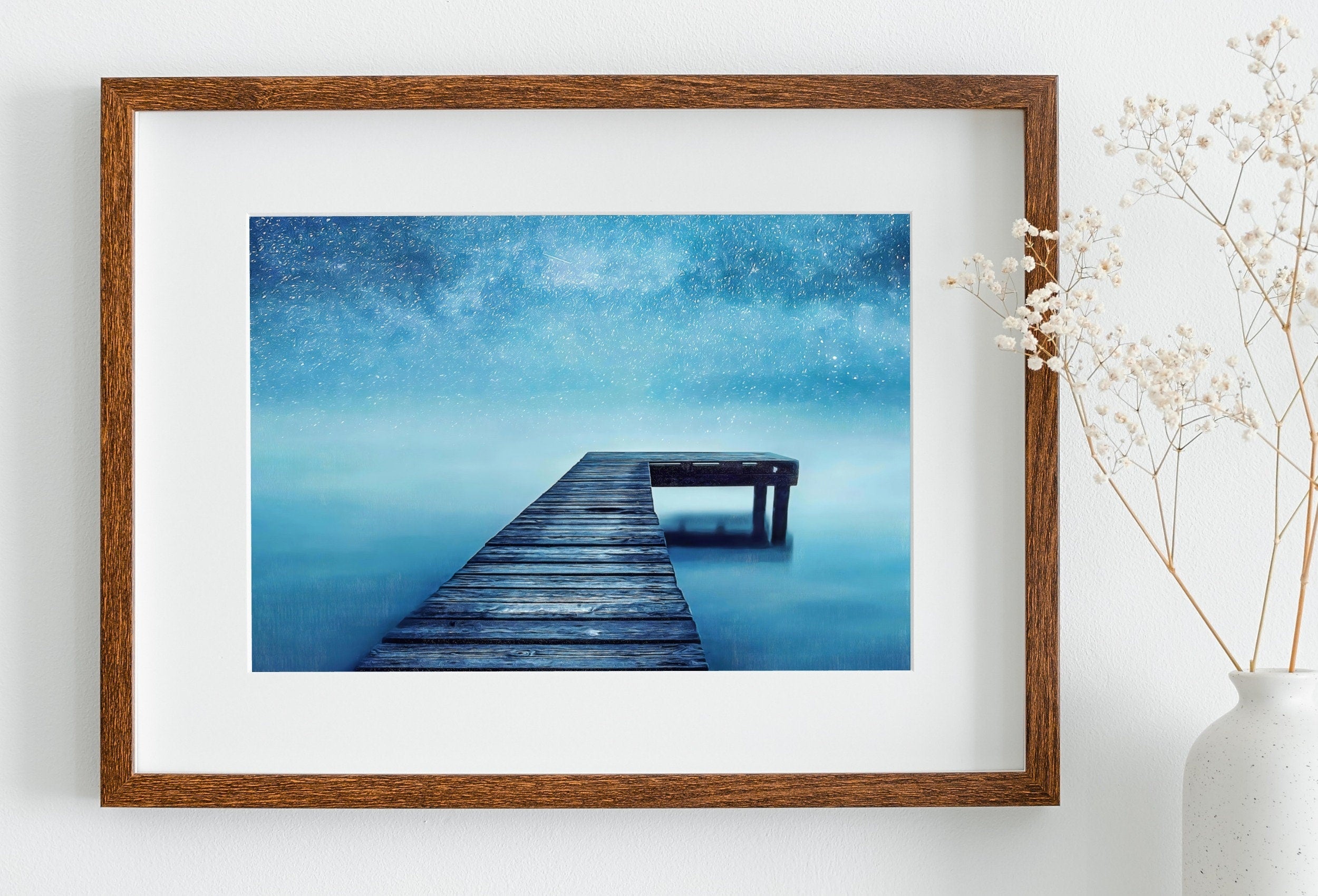 Wooden Pier at Starry Night Printable Wall Art. Wooden Pier Print. Pier on Lake Print Starry Night Sky Lake Landscape Wall Decor, Wood Jetty