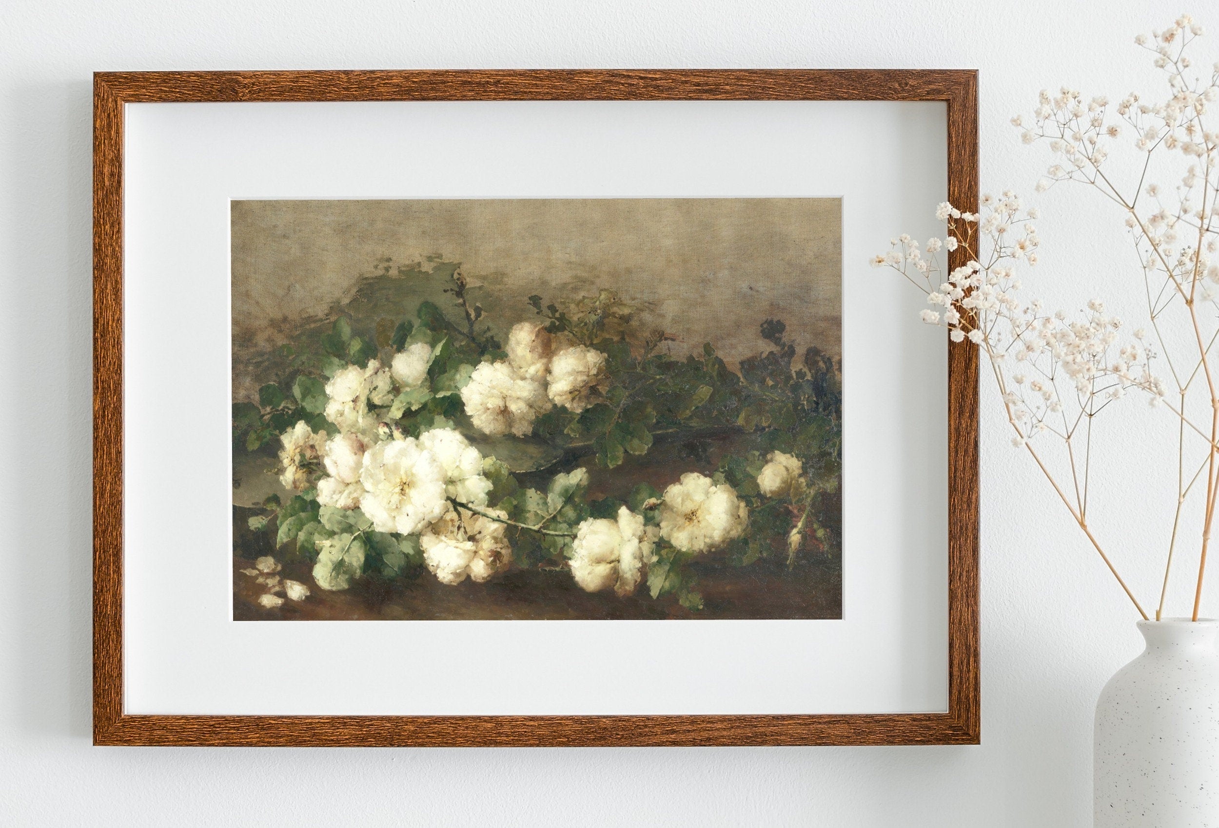 Vintage White Roses Flowers Still Life Painting. Neutral Colors Romantic Vintage Decor. Antique Oil Painting Vintage Flower Print. Printable – Printable Wall Art Digital Download – Digital Download