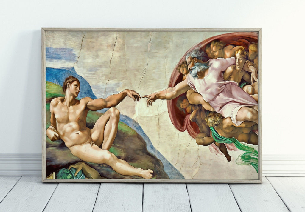 Michelangelo The Creation of Adam Famous Painting Altered in Black & White. Printable Vintage Classic Painting Reproduction Downloadable Art