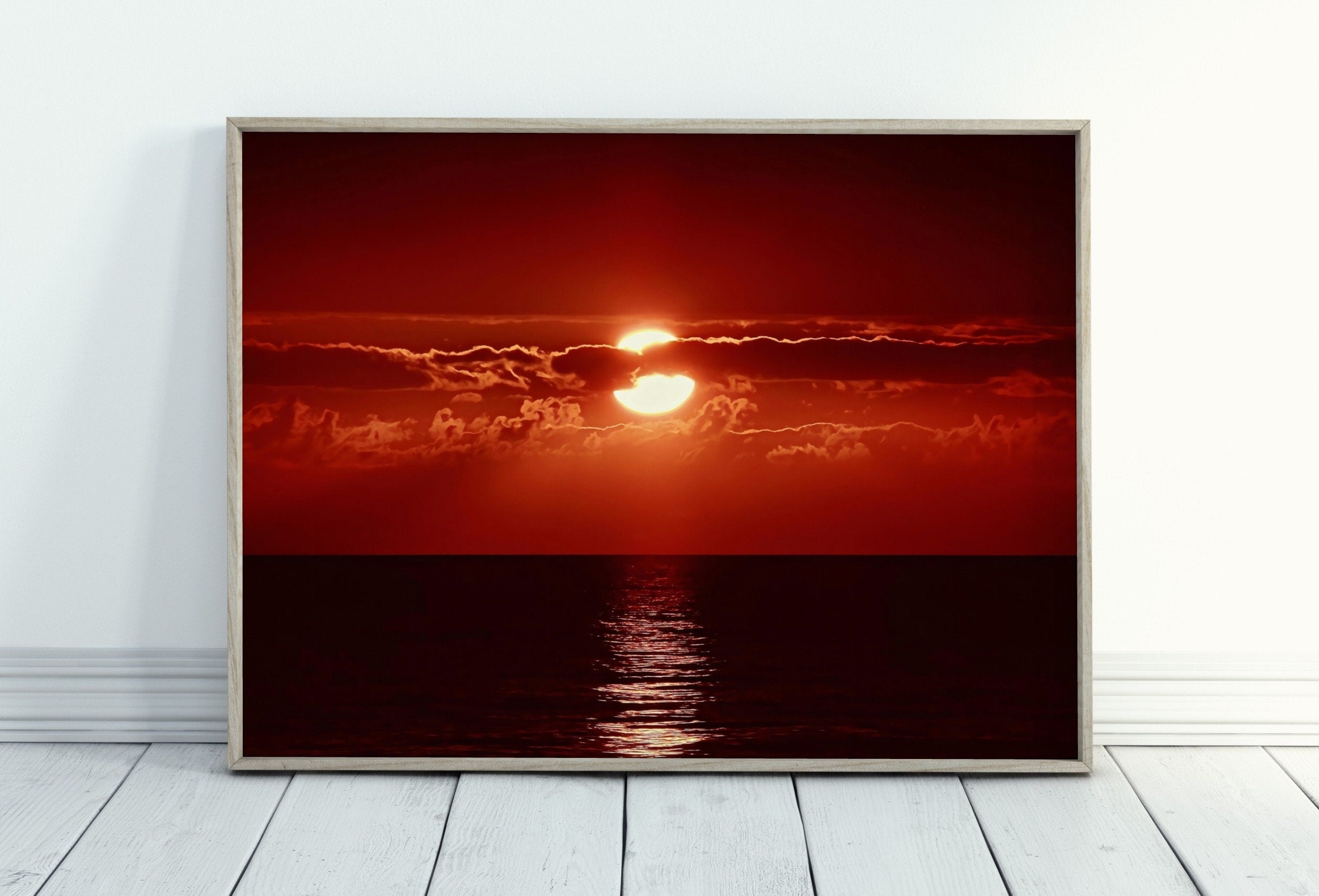 Red Sunset Wall Art Print. Instant Download Boho Abstract Sunset Poster. Digital Sunset Painting Abstract Wall Art. Coastal Landscape Art