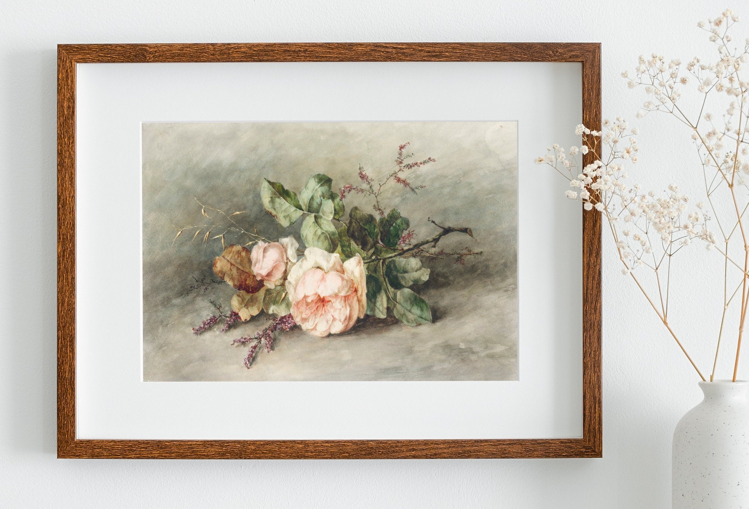 Vintage Rose Still Life Painting. Neutral Colors Romantic Vintage Decor. Antique Watercolor Painting Vintage Flower Art Print. Printable – Printable Wall Art Digital Download – Digital Download