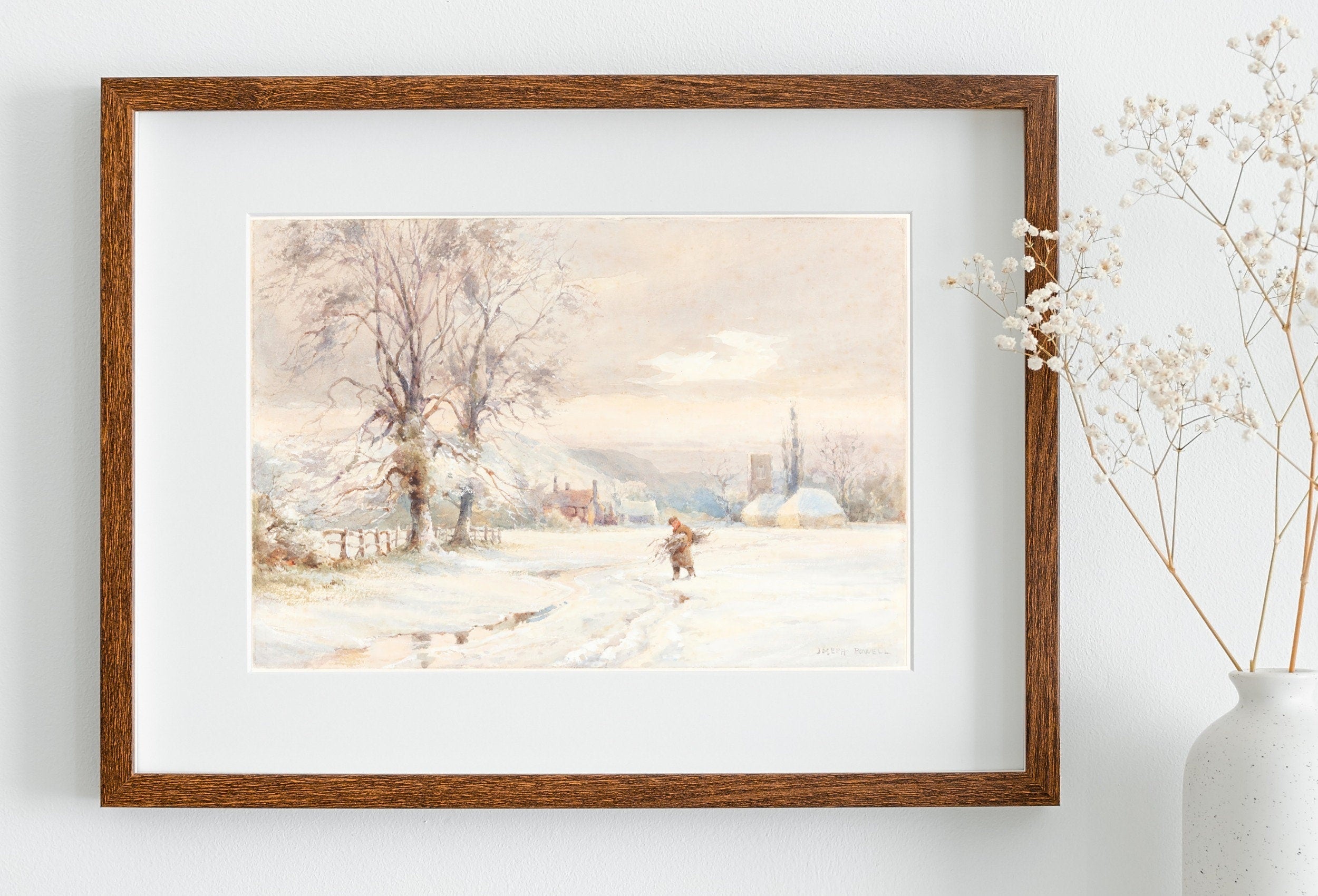 Winter Farm Town Painting Vintage Landscape Print. Country Soft Colors Watercolor Painting Winter Landscape. Farmhouse Country Art Print