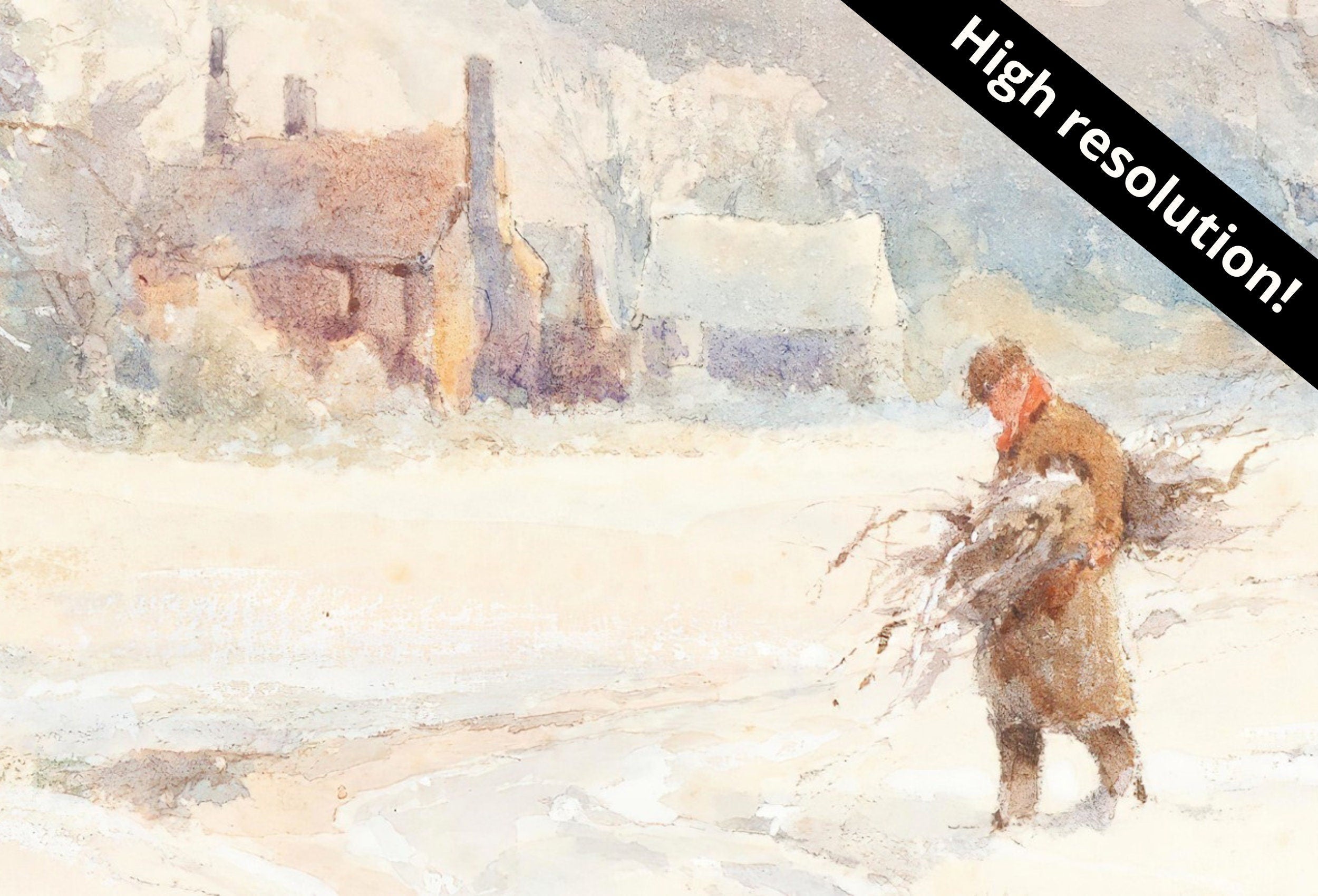 Winter Farm Town Painting Vintage Landscape Print. Country Soft Colors Watercolor Painting Winter Landscape. Farmhouse Country Art Print