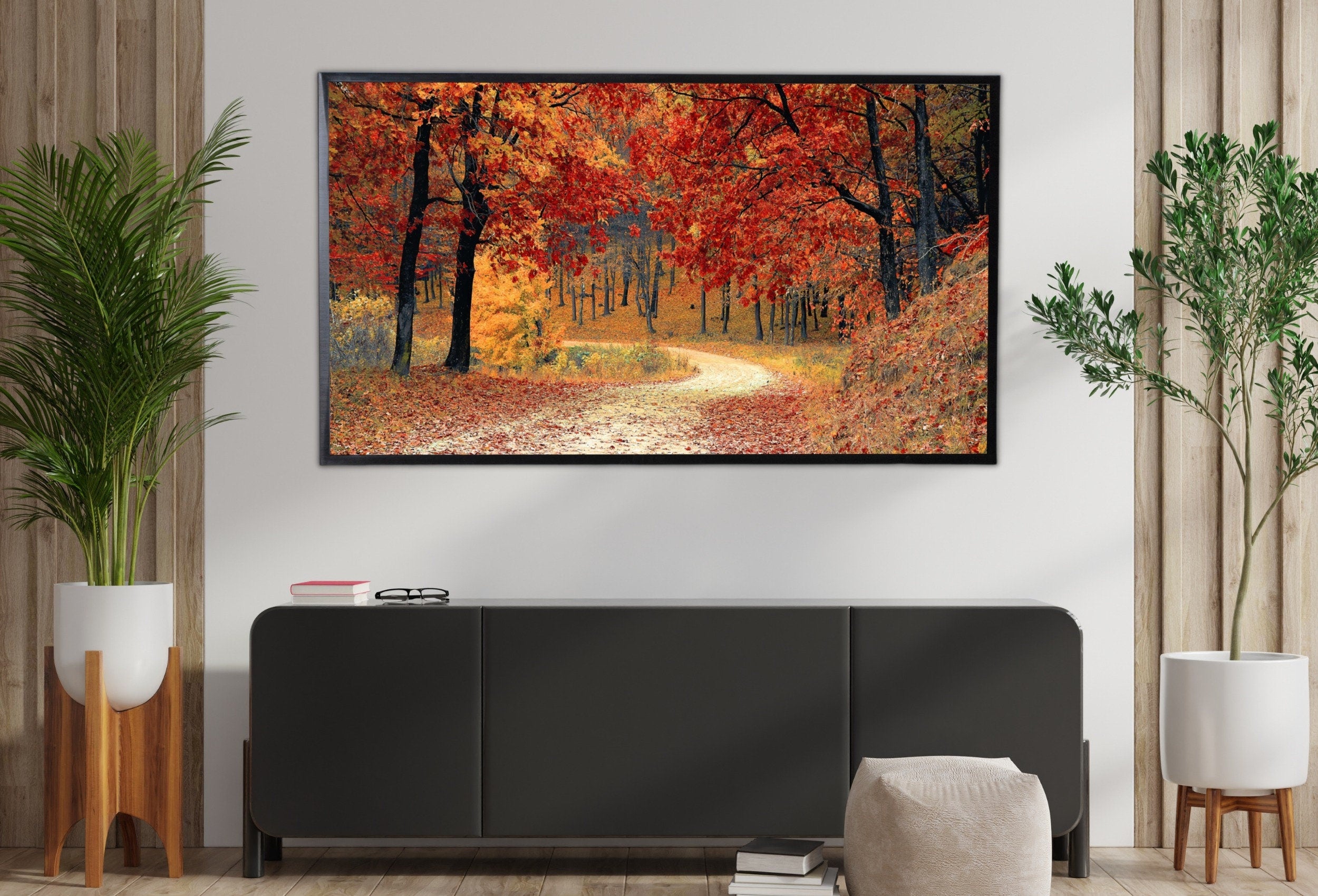 Samsung Frame TV Art 4K Forest Trail in the Fall Landscape Digital Painting. Instant Download Fall Art for the Samsung Frame TV. Art for TV