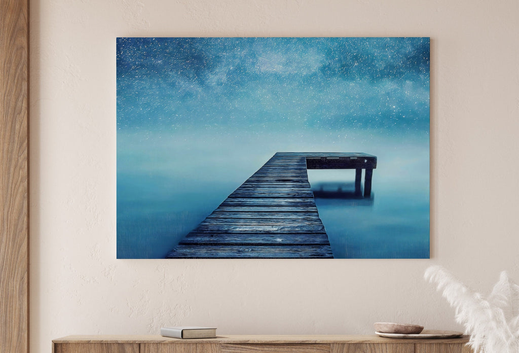 Wooden Pier at Starry Night Printable Wall Art. Wooden Pier Print. Pier on Lake Print Starry Night Sky Lake Landscape Wall Decor, Wood Jetty