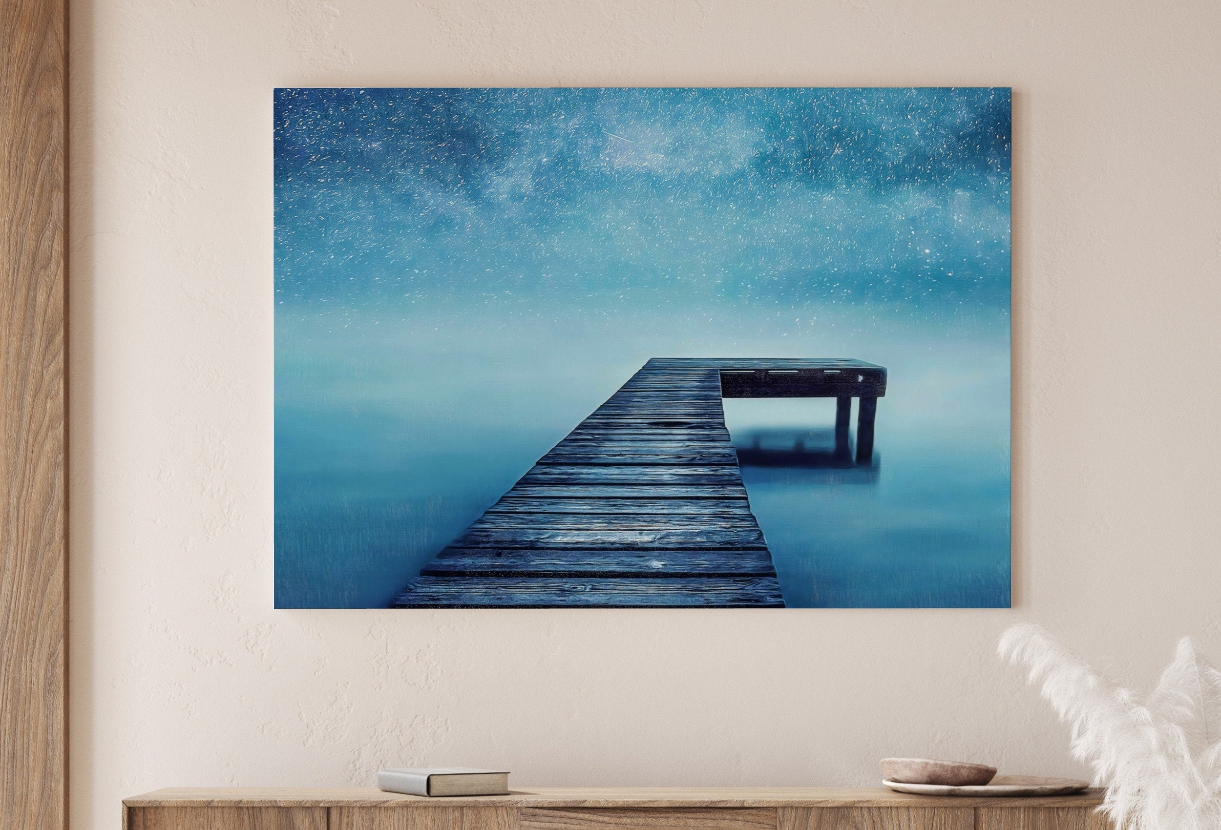 Wooden Pier at Starry Night Printable Wall Art. Wooden Pier Print. Pier on Lake Print Starry Night Sky Lake Landscape Wall Decor, Wood Jetty