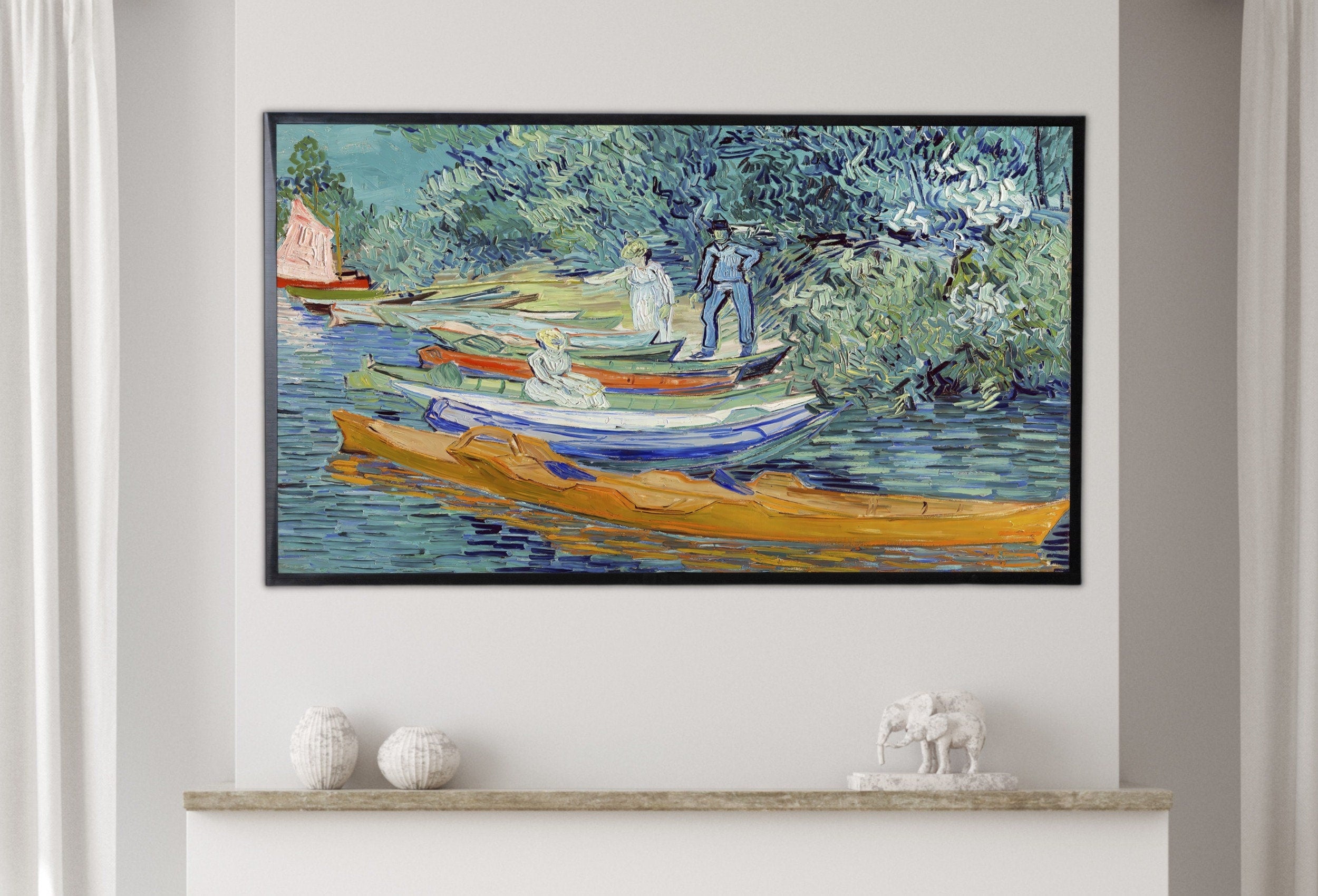 Samsung Frame TV Art 4K River Bank with Boats Famous Painting by Vincent van Gogh. Instant Download van Gogh Landscape for the Frame TV