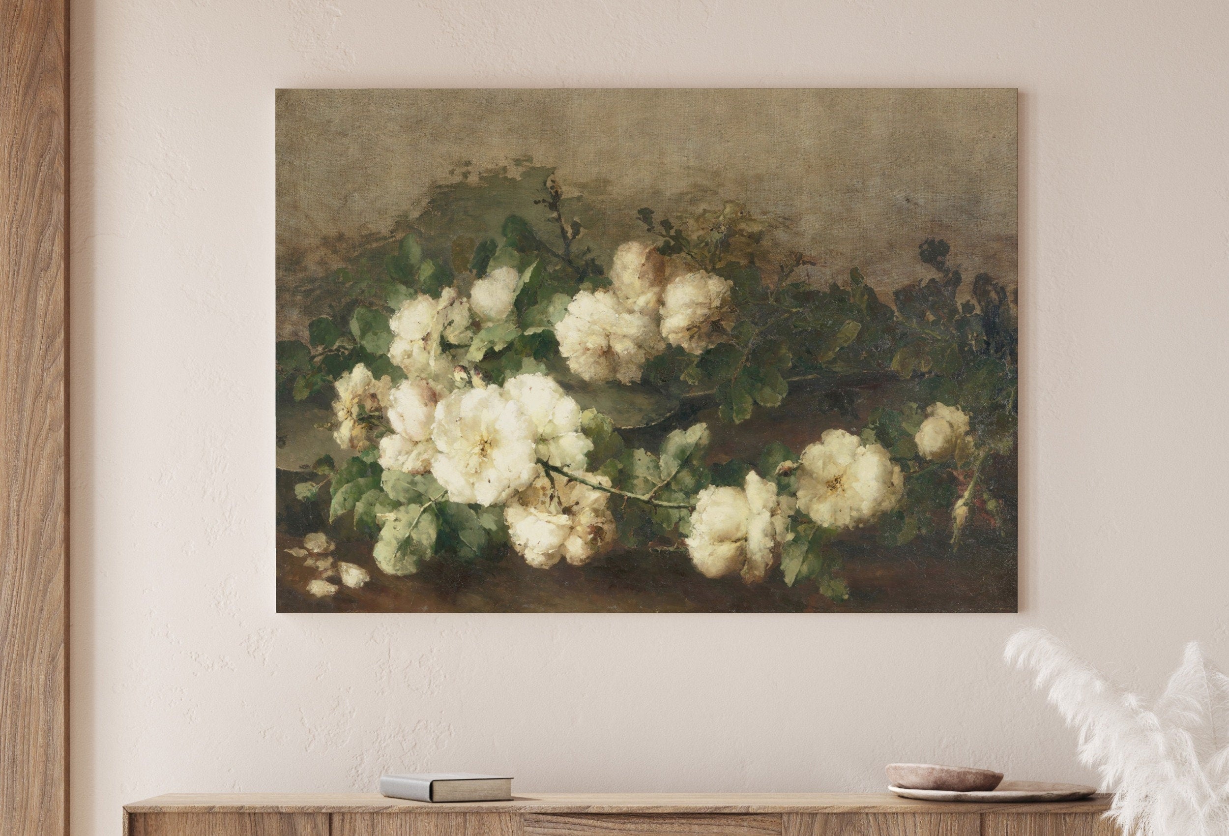 Vintage White Roses Flowers Still Life Painting. Neutral Colors Romantic Vintage Decor. Antique Oil Painting Vintage Flower Print. Printable – Printable Wall Art Digital Download – Digital Download
