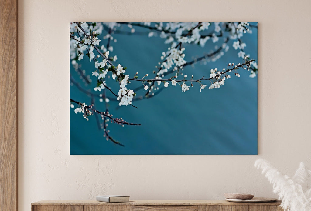 White Blossom Tree Branch Printable Wall Art. Cherry Blossom Sakura Tree Floral Wall Art Print. Blue Wall Art Floral Poster Botanical Art