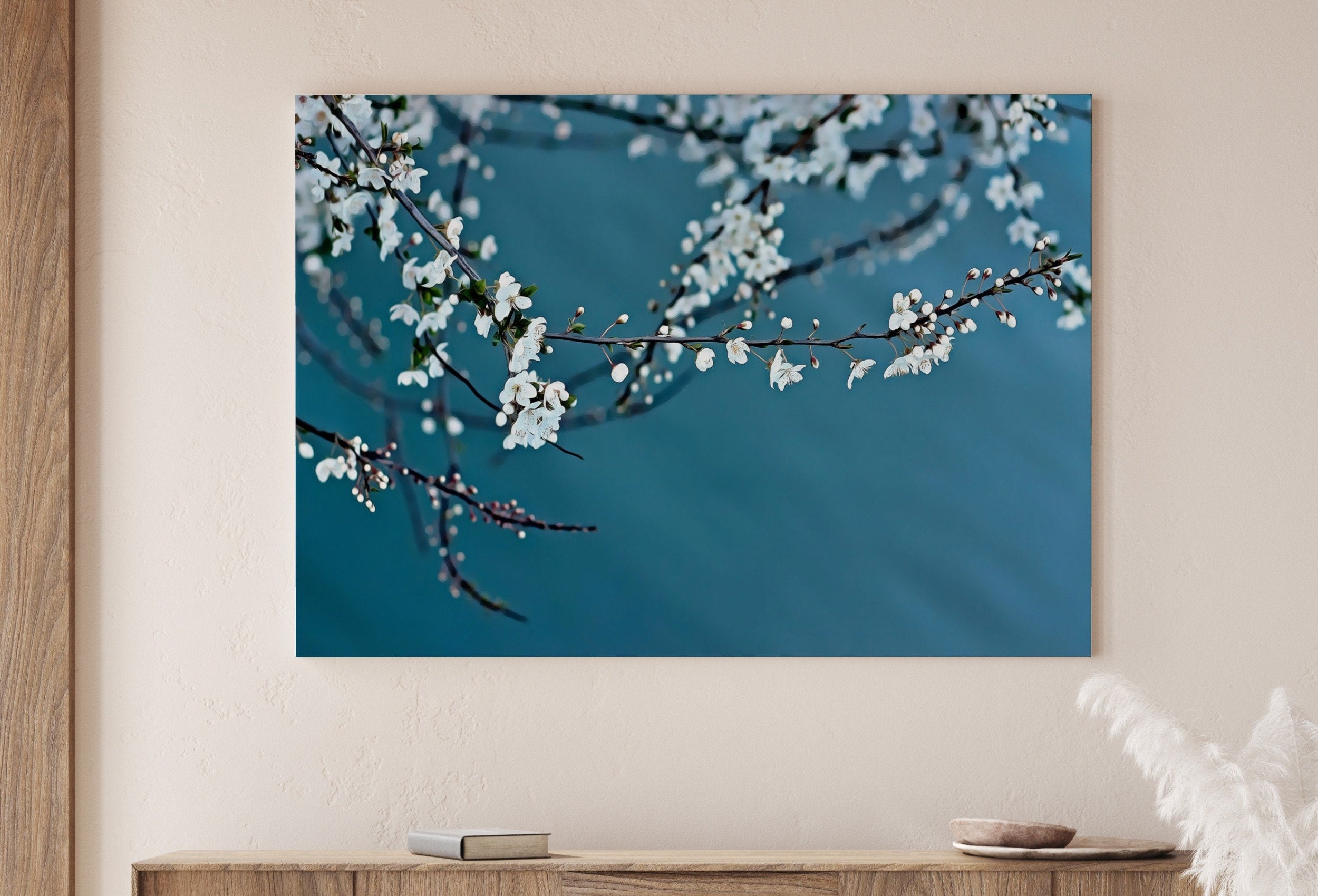 White Blossom Tree Branch Printable Wall Art. Cherry Blossom Sakura Tree Floral Wall Art Print. Blue Wall Art Floral Poster Botanical Art