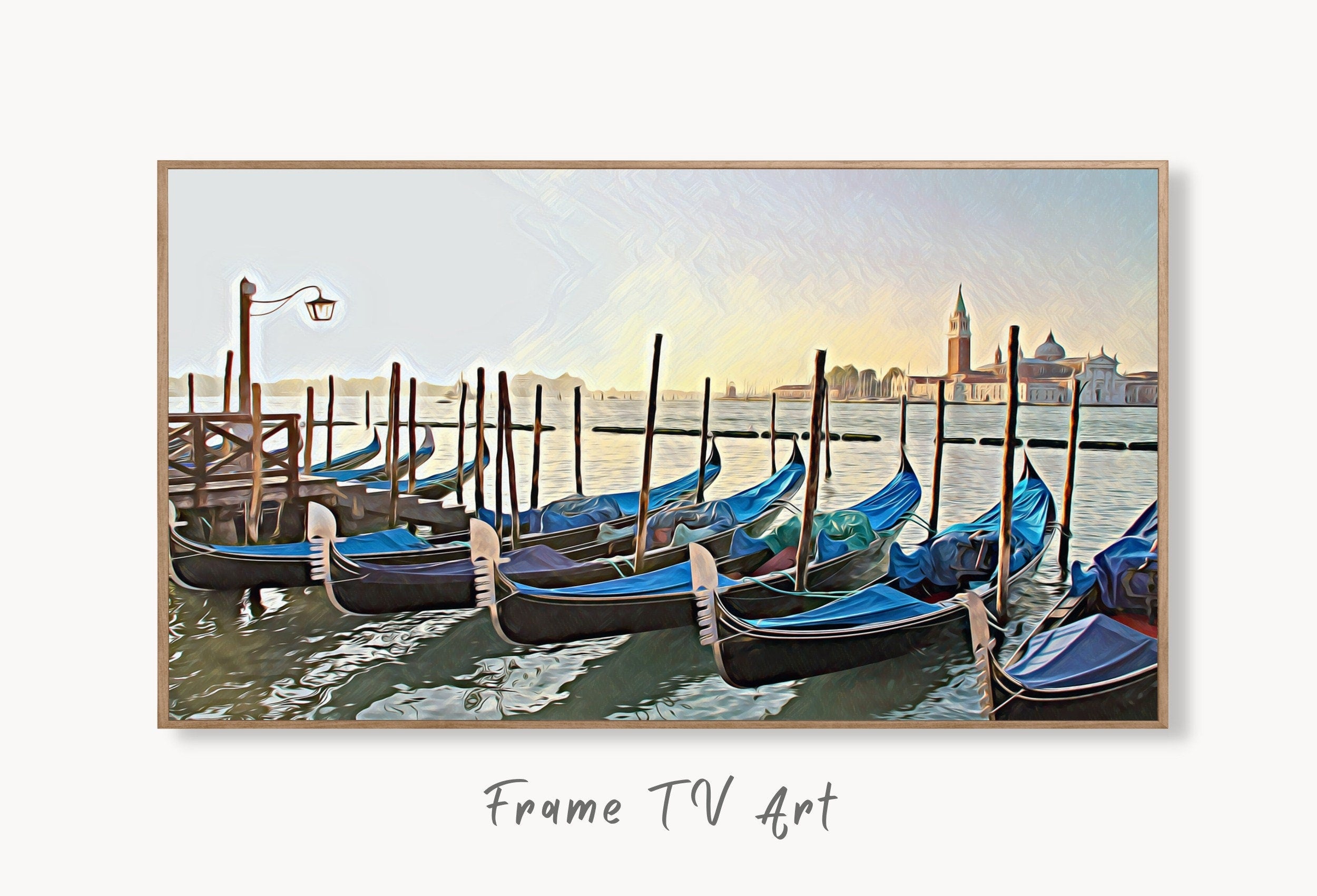 Gondola Moored at Dock Frame TV Art. Venice Italy Wall Art Painting, Frame TV Art Digital Download, Art for Tv, Colorful Art for Frame TV