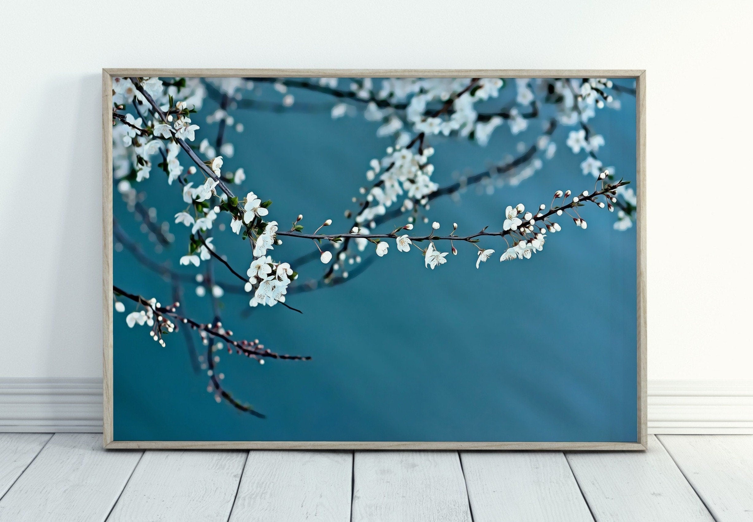 White Blossom Tree Branch Printable Wall Art. Cherry Blossom Sakura Tree Floral Wall Art Print. Blue Wall Art Floral Poster Botanical Art