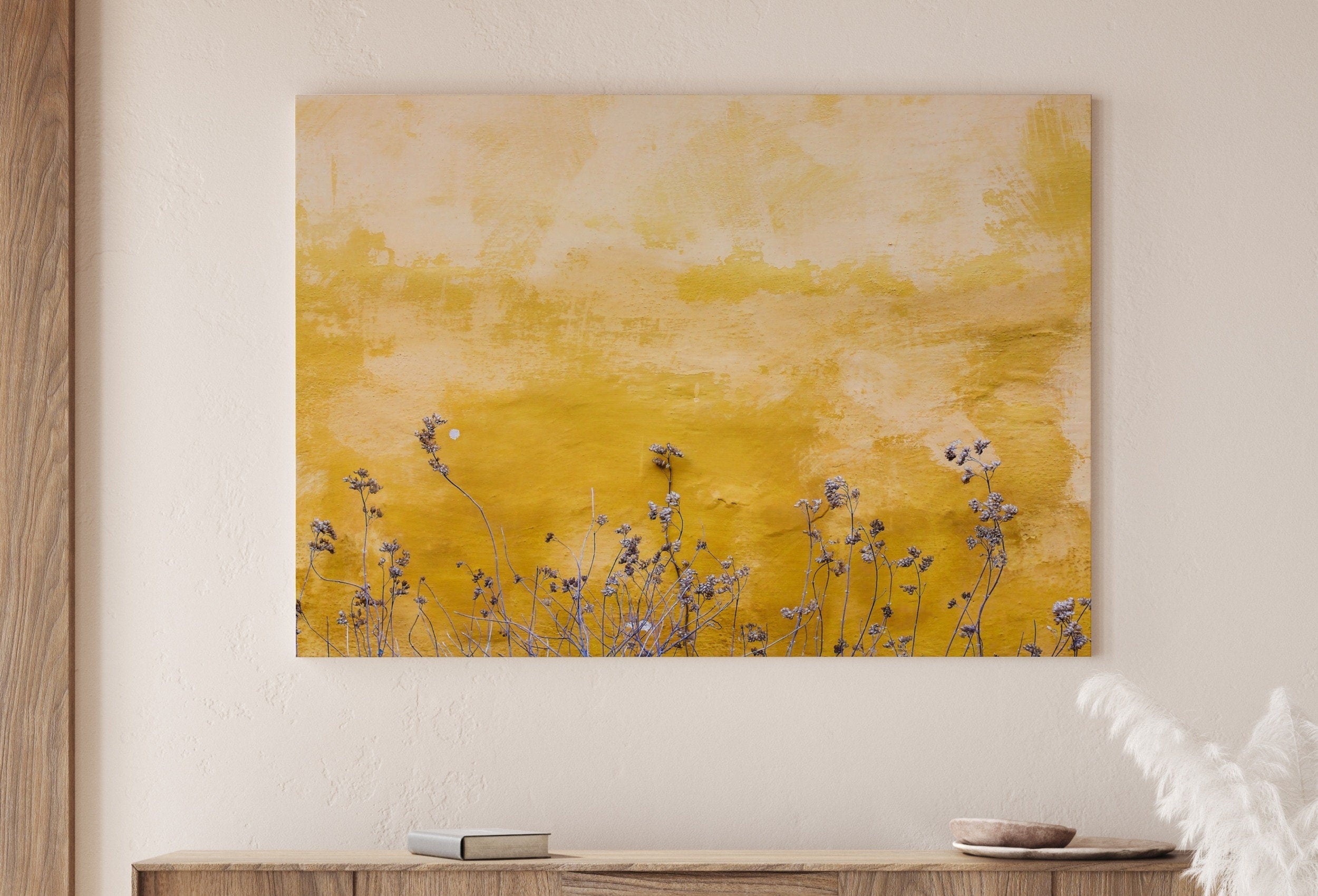 Yellow Wall Texture with Flowers Minimalist Printable Wall Art. Instant Download Abstract Floral Art Print. Neutral Photography Wall Art.