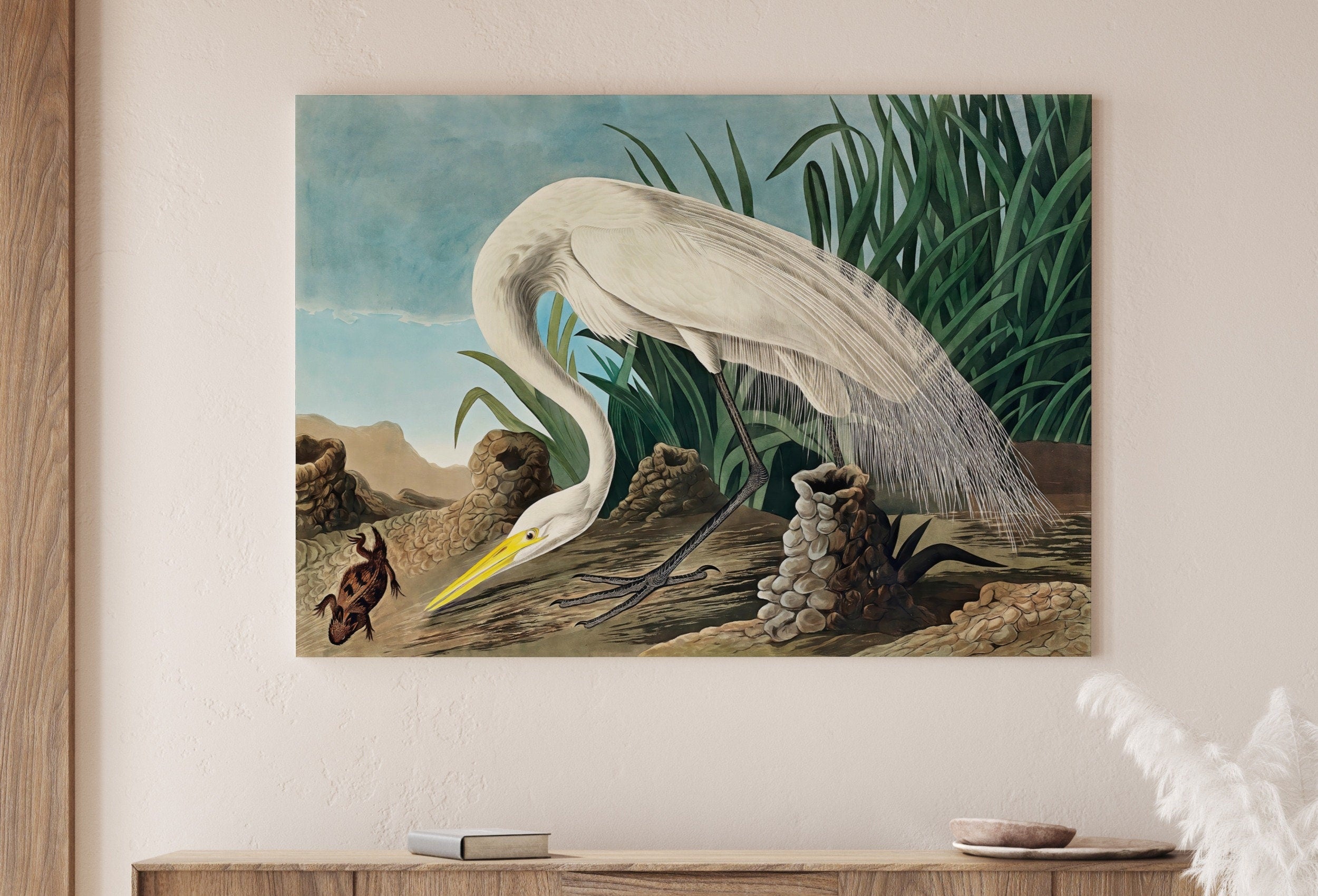 White Heron Vintage Tropical Bird Printable Wall Art. Wildlife Nature Colorful Tropical Bird Decor. Instant Download. Bird Poster Art Print