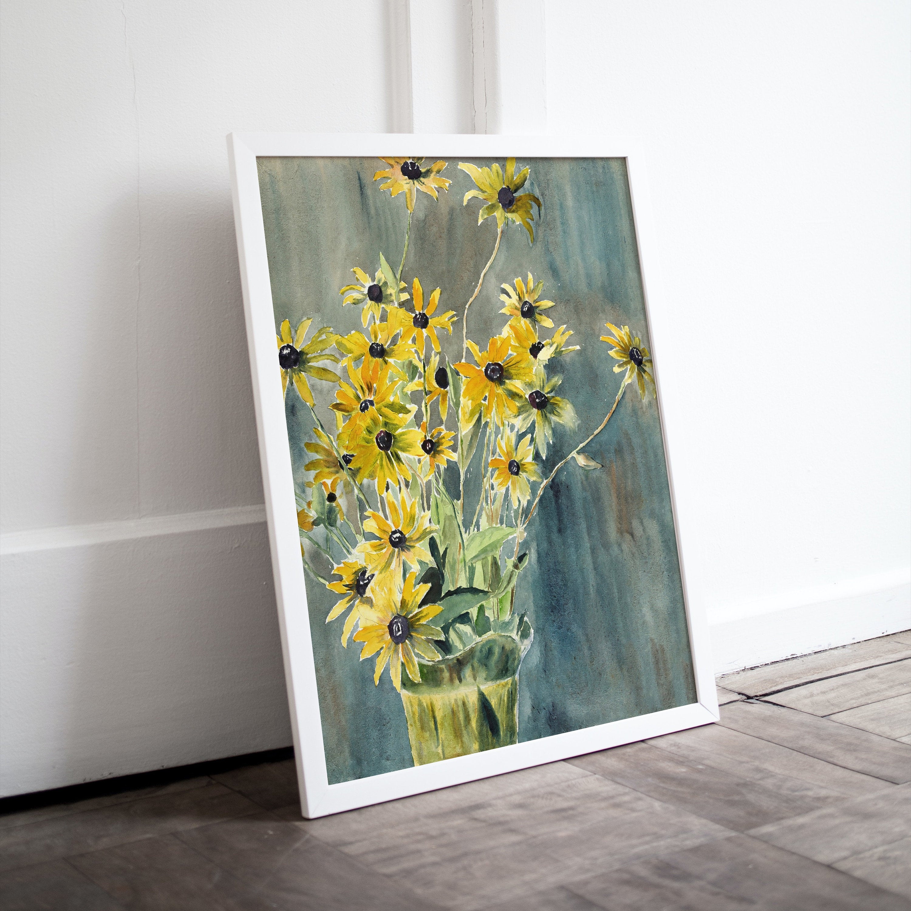 Yellow Flowers Vase Still Art Vintage Print. Botanical Painting Still Life Printable Digital Wall Art. Antique Retro Style Instant Download