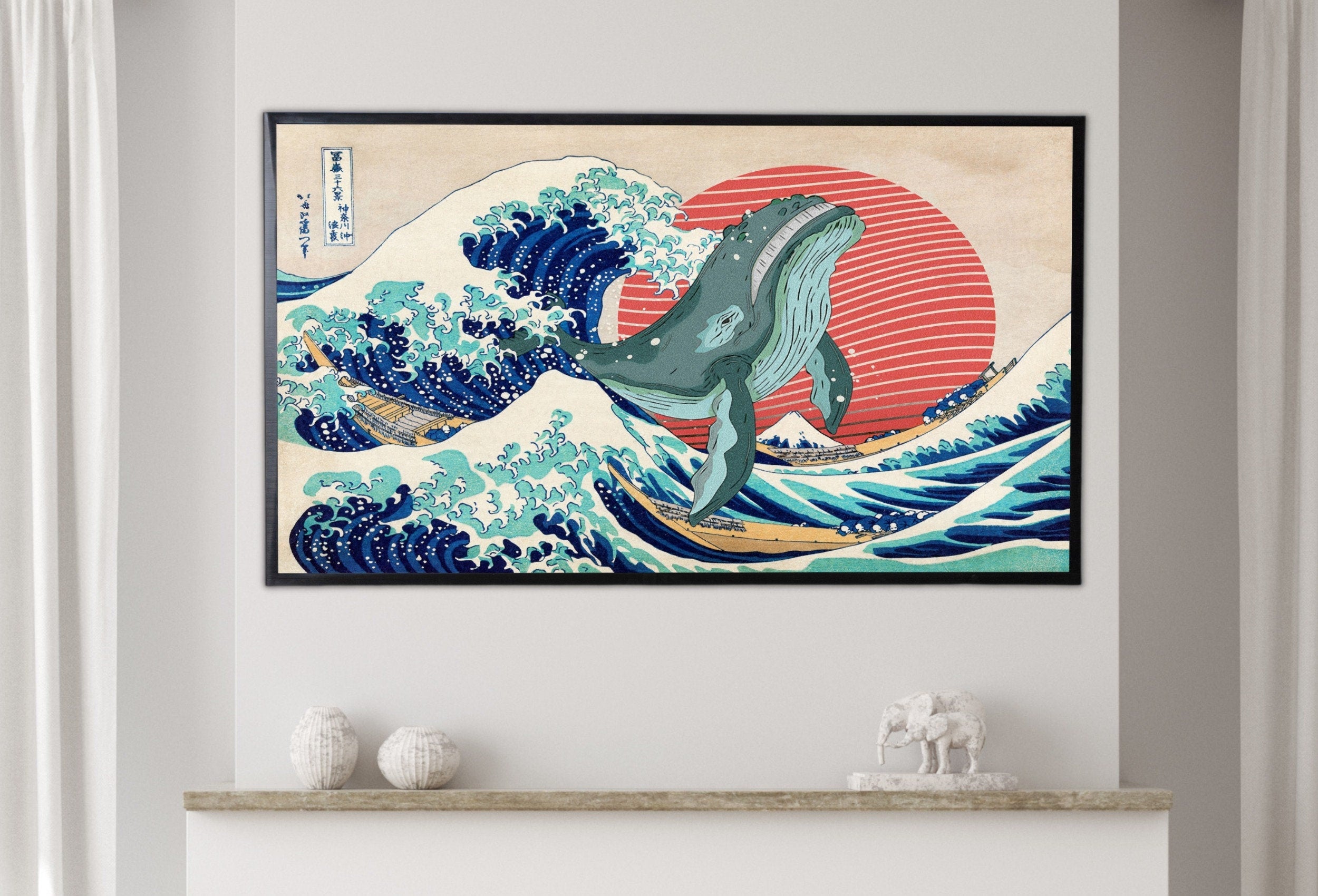 Samsung Frame TV Art 4K Wave off Kanagawa w/ Whale Japanese Wall Art. Instant Download Altered Japanese Art for Frame TV. Vintage Wall Art