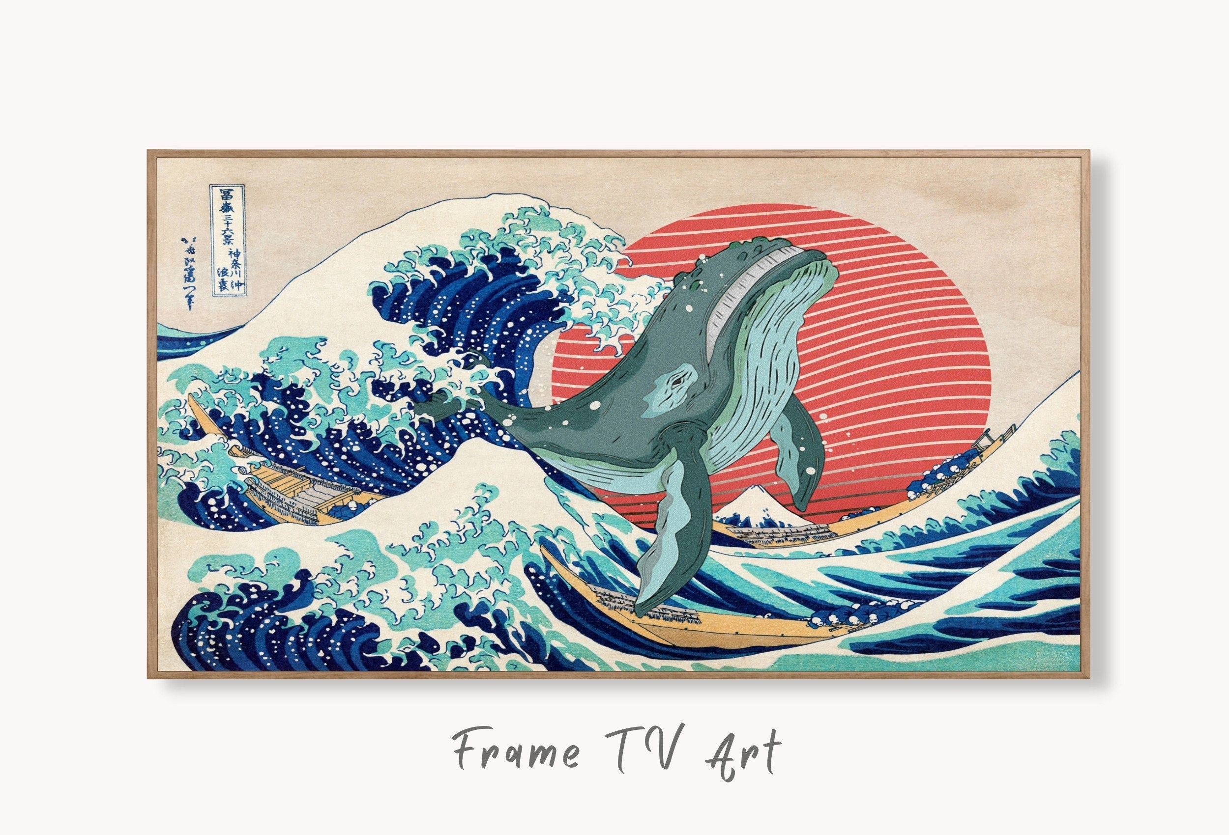 Samsung Frame TV Art 4K Wave off Kanagawa w/ Whale Japanese Wall Art. Instant Download Altered Japanese Art for Frame TV. Vintage Wall Art