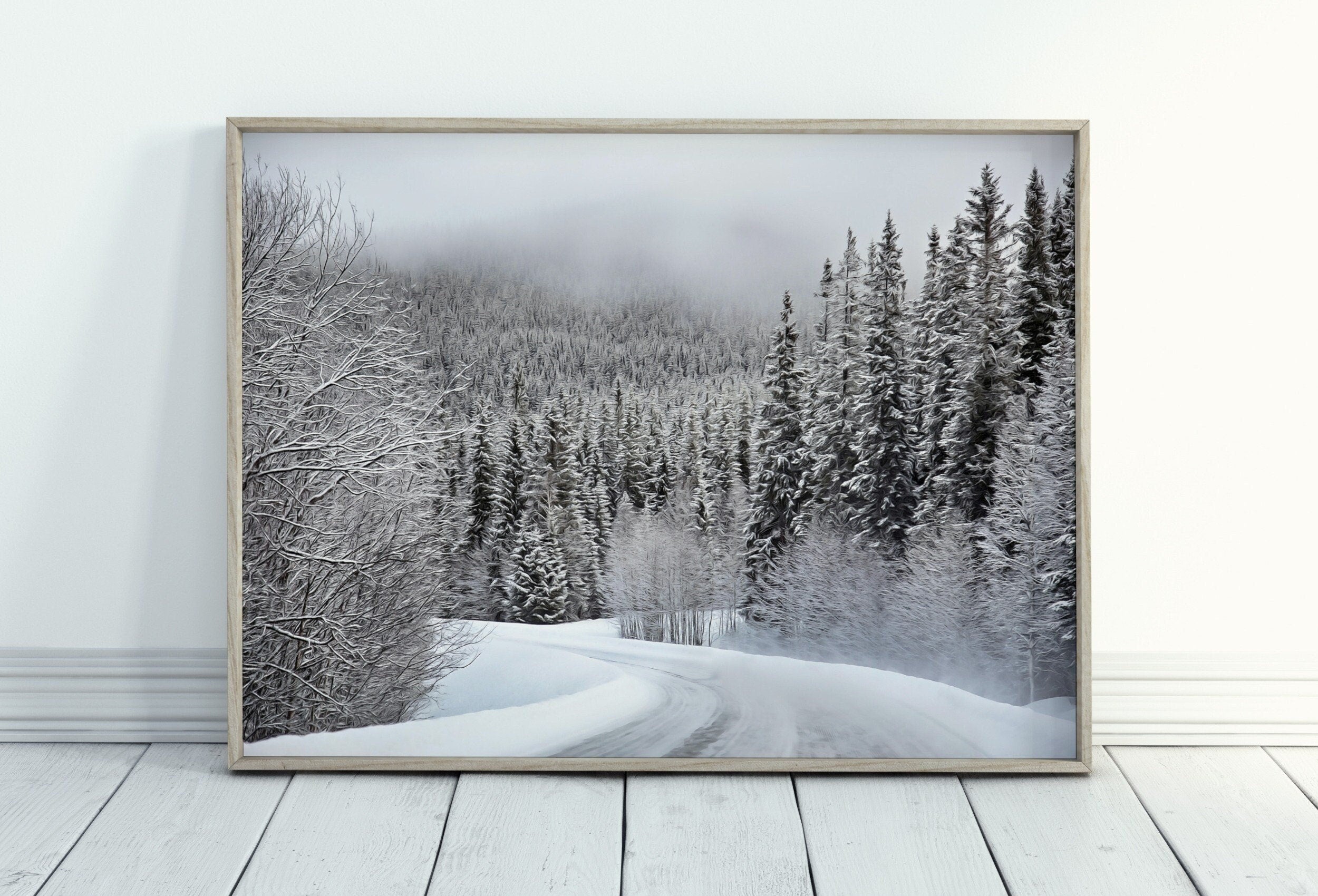 Winter Forest Trail Landscape Digital Painting. Printable Wall Art. Home or Office Decor. Nature Print Digital Winter Art. Instant Download