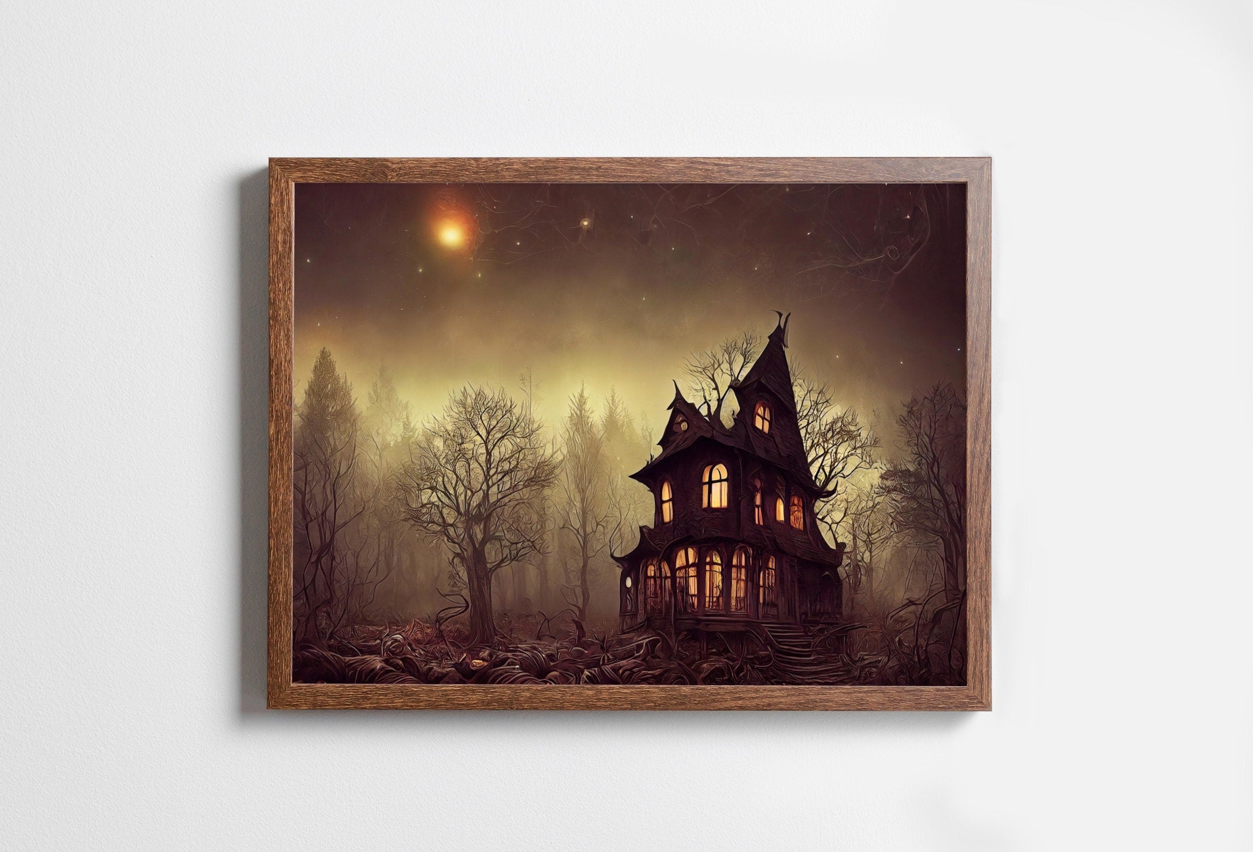 Witch House in a Dark Misty Forest Print. Halloween Printable Wall Art. Scary Halloween Painting. Instant Download Art Print. Fall Decor