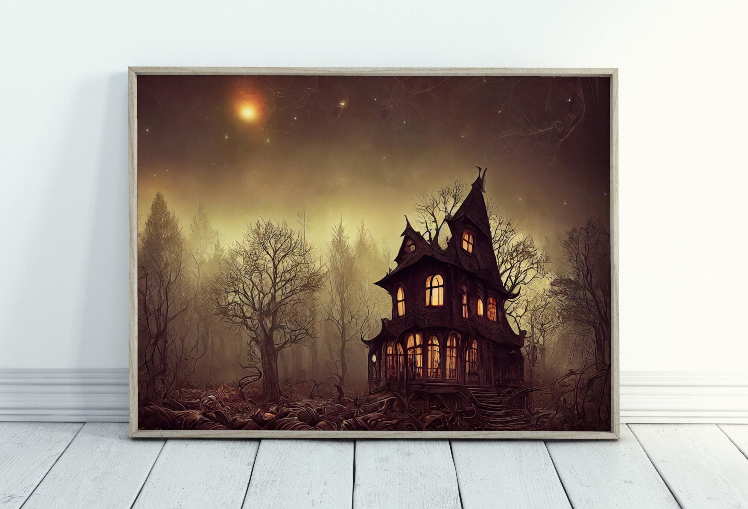 Witch House in a Dark Misty Forest Print. Halloween Printable Wall Art. Scary Halloween Painting. Instant Download Art Print. Fall Decor