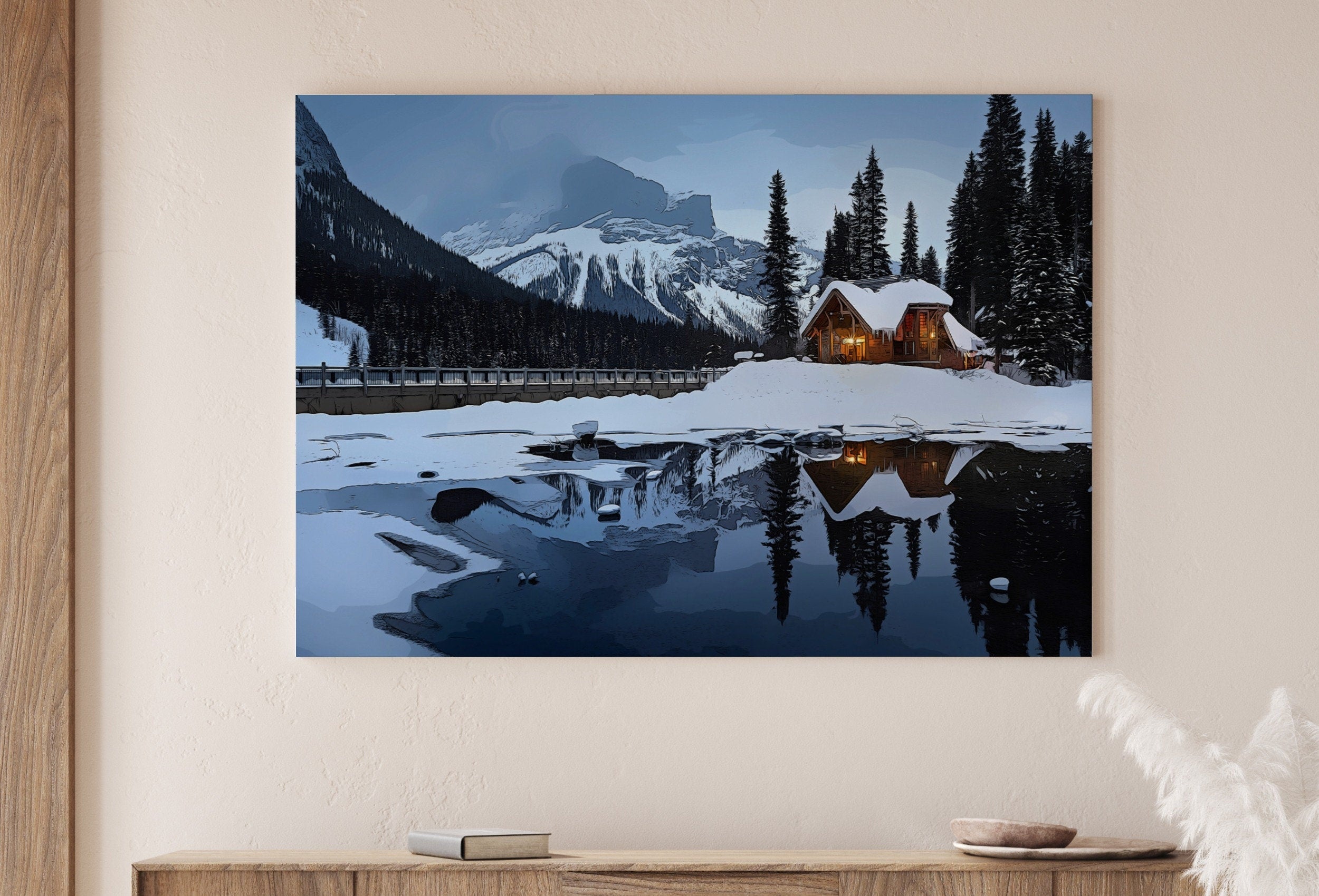 Winter Log Cabin in Snowy Mountains. Landscape Digital Painting. Printable Wall Art. Home or Office Decor Nature Art Print. Instant Download