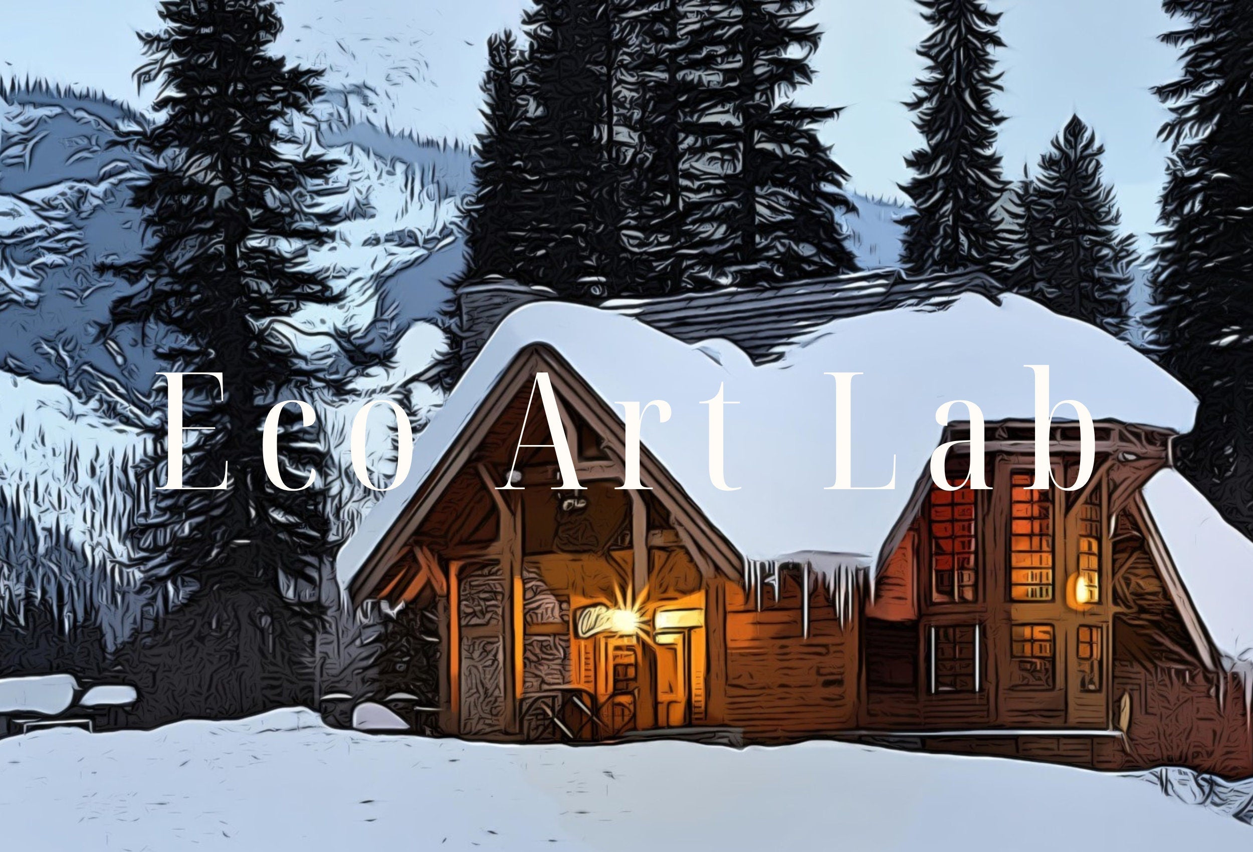 Winter Log Cabin in Snowy Mountains. Landscape Digital Painting. Printable Wall Art. Home or Office Decor Nature Art Print. Instant Download