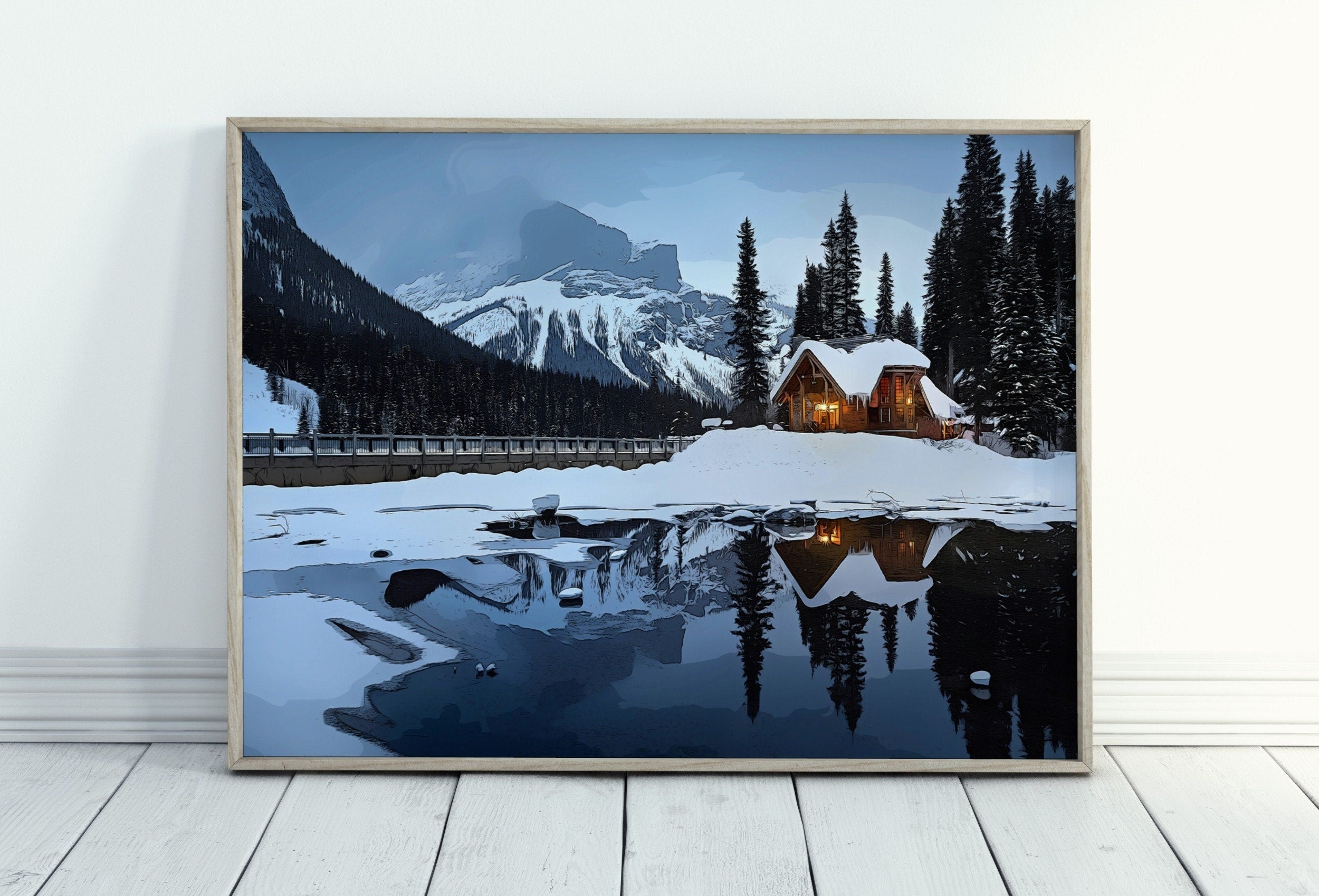 Winter Log Cabin in Snowy Mountains. Landscape Digital Painting. Printable Wall Art. Home or Office Decor Nature Art Print. Instant Download
