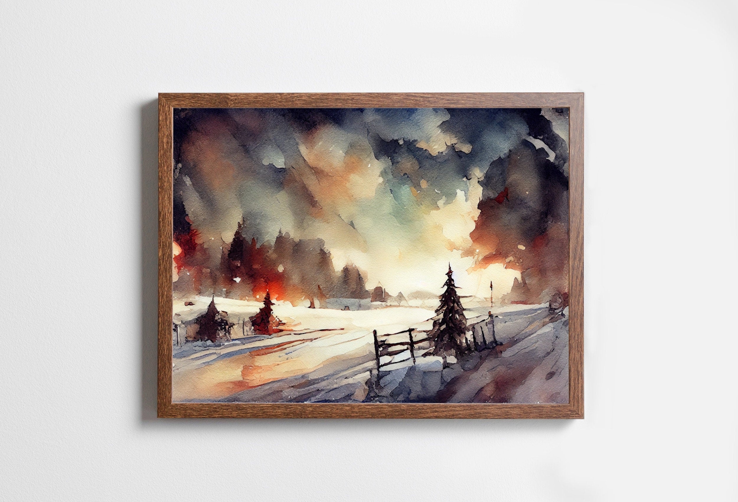 Winter Landscape Painting. Watercolor Printable Art. Snowy Sunset Rustic Country Print. Farmhouse Decor Digital Download. Vintage Style Art