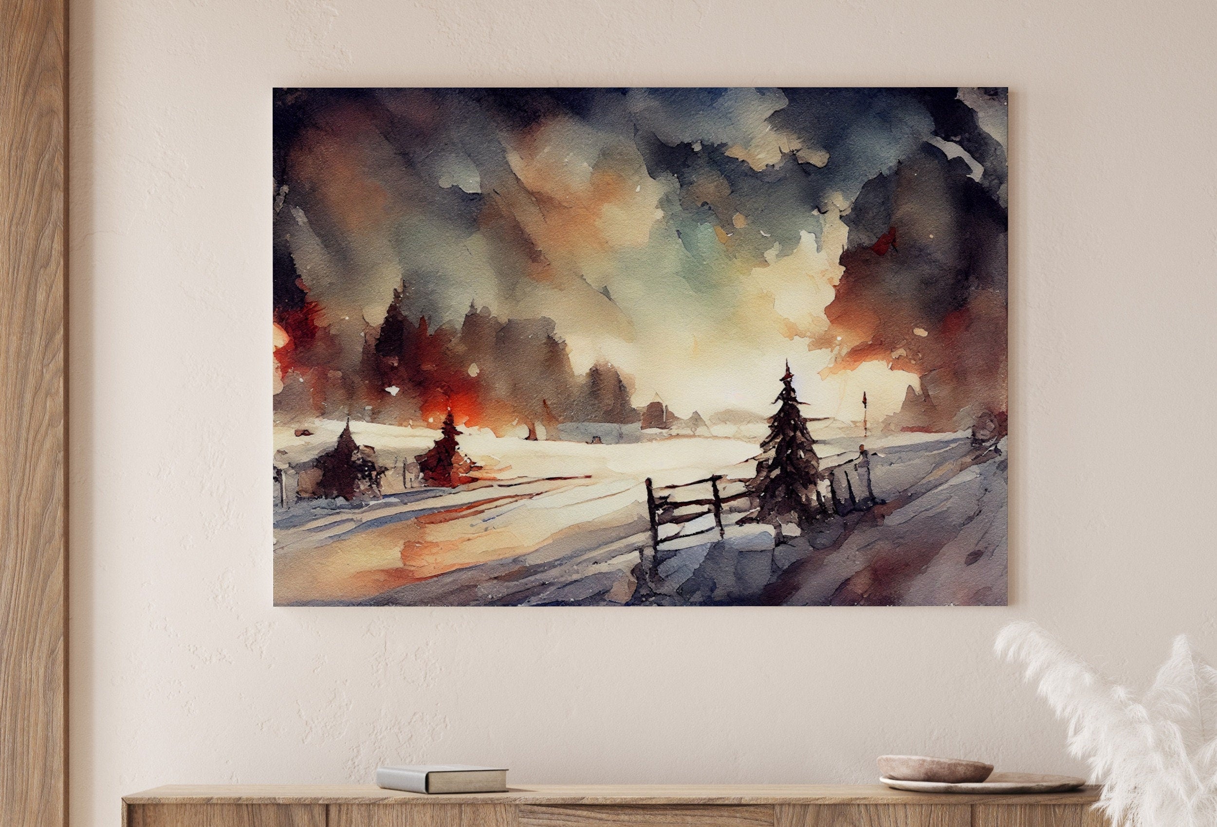 Winter Landscape Painting. Watercolor Printable Art. Snowy Sunset Rustic Country Print. Farmhouse Decor Digital Download. Vintage Style Art