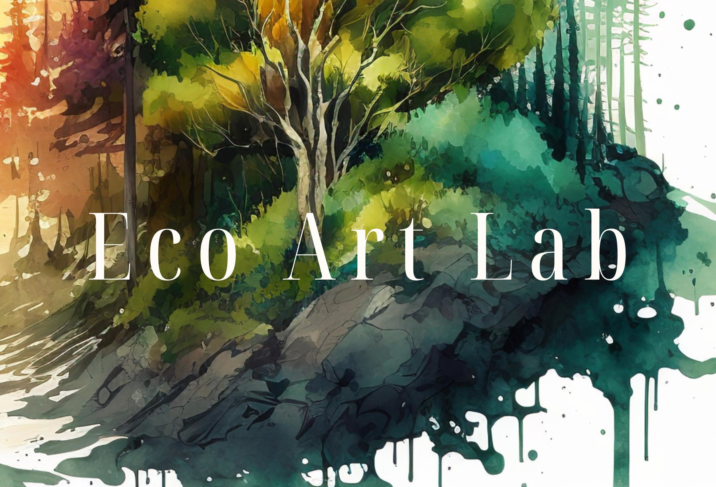 Watercolor Forest Landscape Printable. Digital Art. Green Forest Trees Painting Print. Printable Wall Art. Nature Decor. Mountain Forest Art