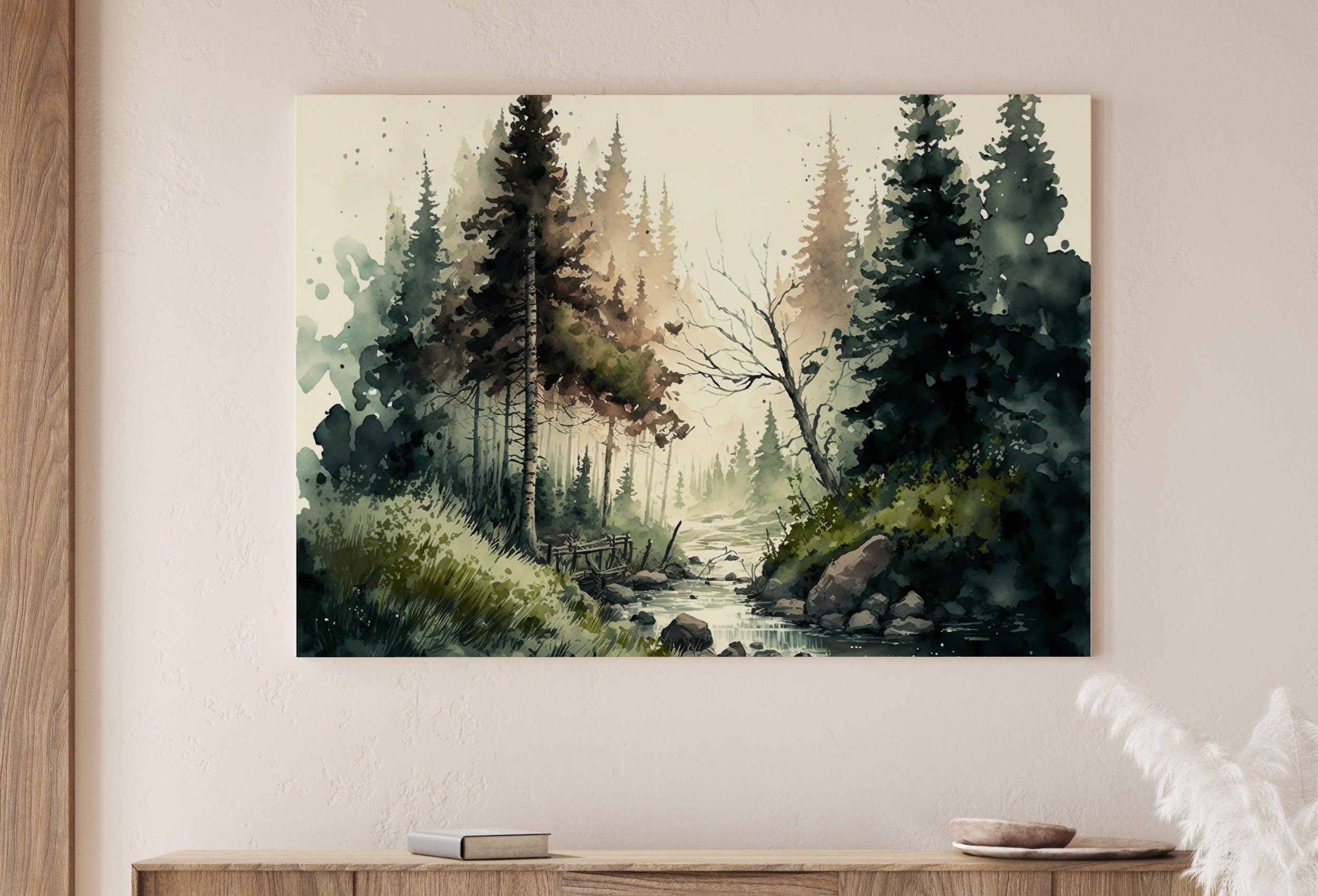 Watercolor Forest Landscape Printable. Printable Wall Art. Digital Art. Green Forest Trees Painting Print. Nature Decor. Mountain Forest Art