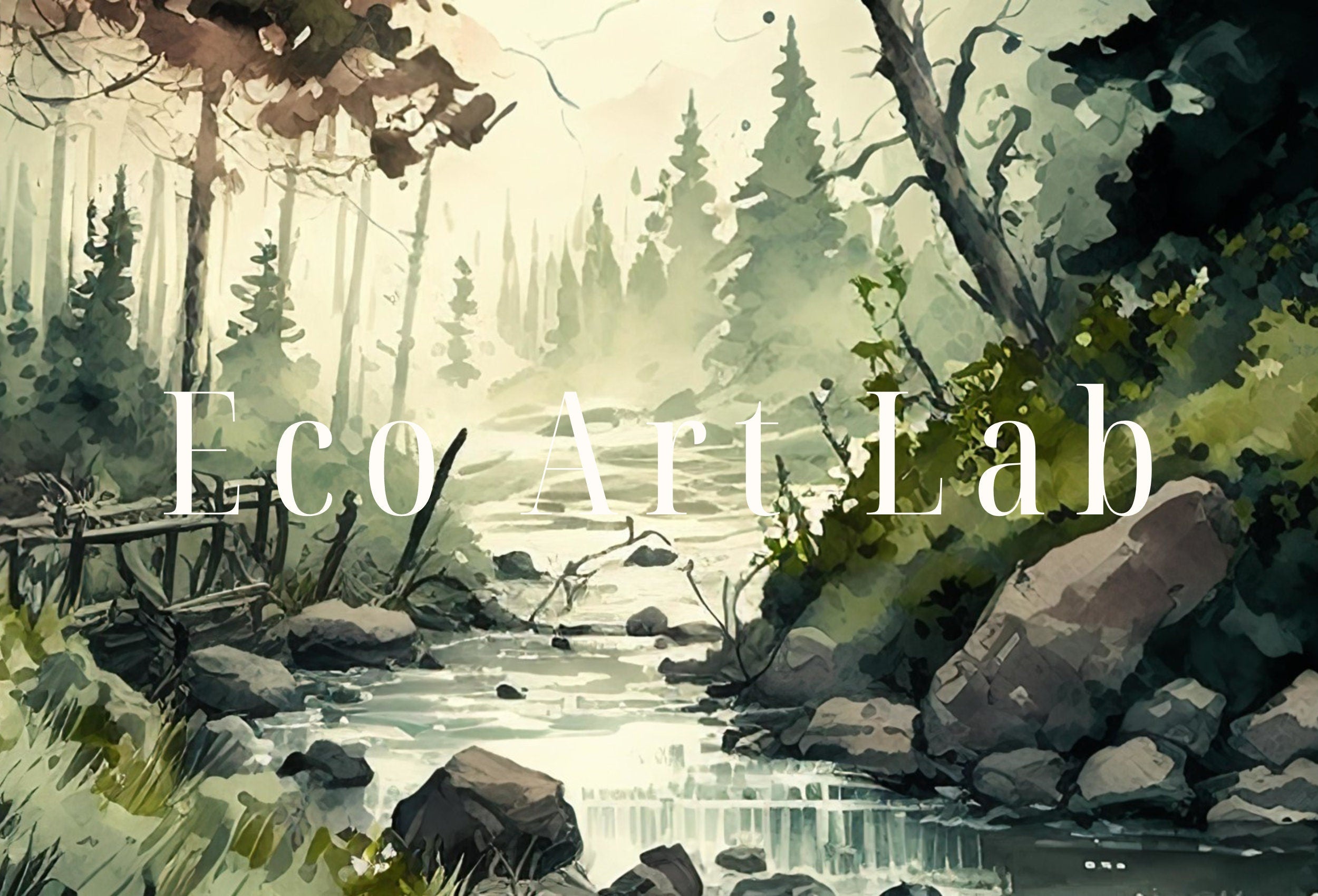 Watercolor Forest Landscape Printable. Printable Wall Art. Digital Art. Green Forest Trees Painting Print. Nature Decor. Mountain Forest Art