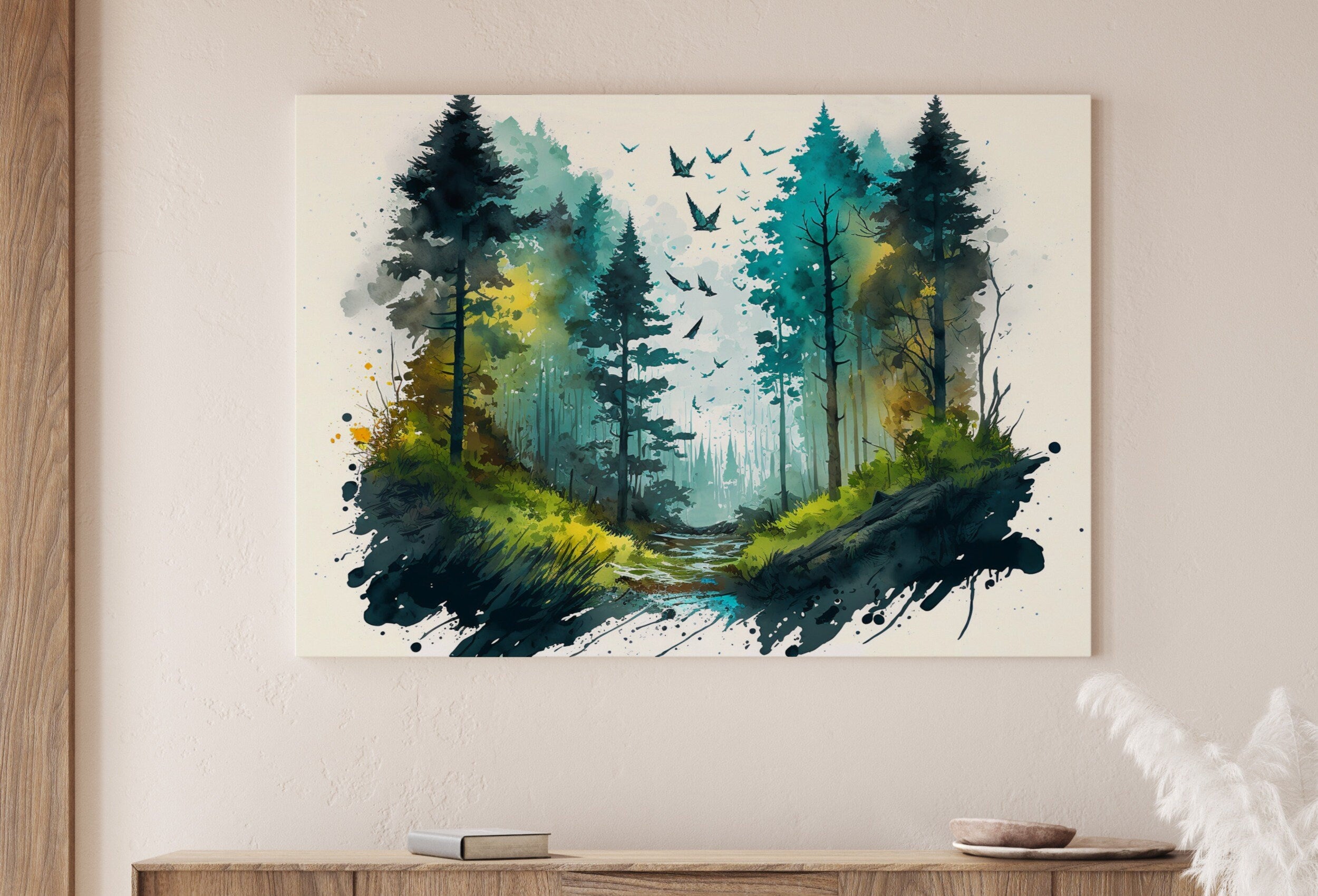 Watercolor Forest Landscape Printable. Printable Wall Art. Green Forest with Birds. Trees Painting Print. Nature Decor. Mountain Forest Art