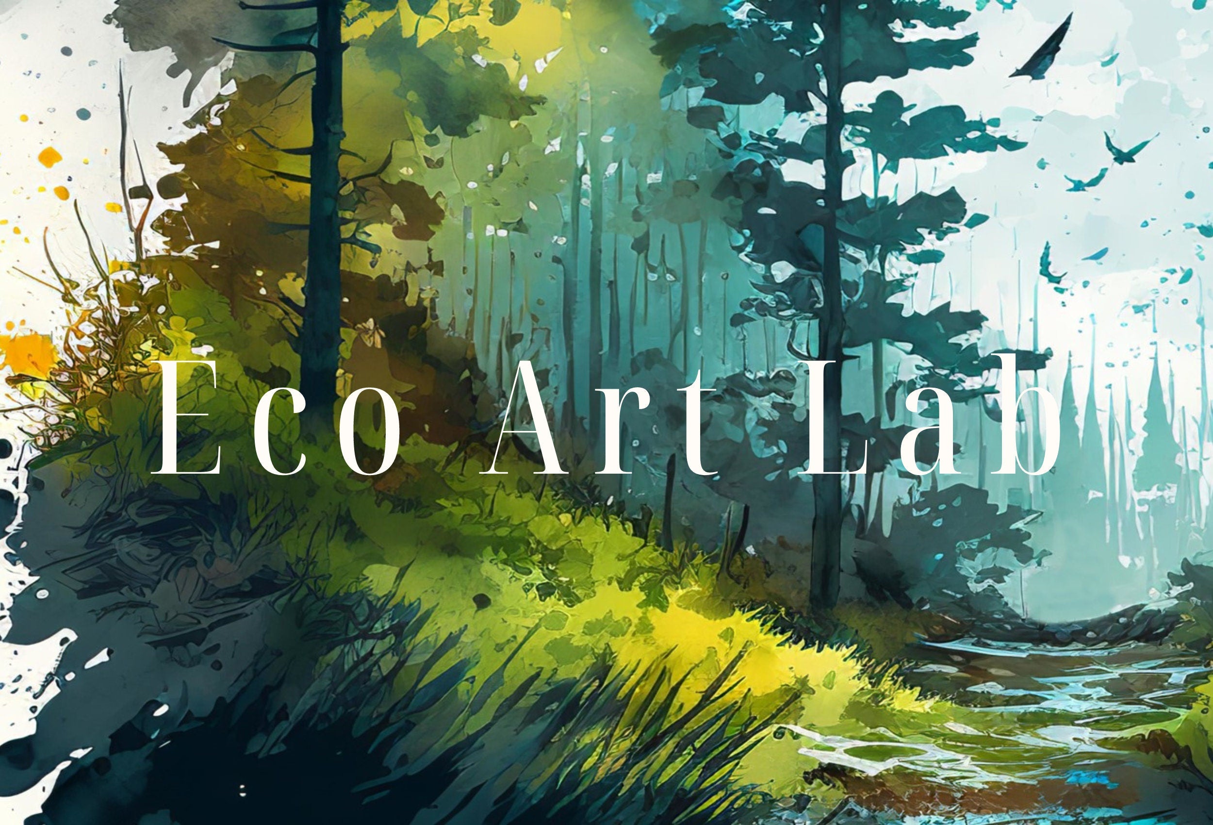 Watercolor Forest Landscape Printable. Printable Wall Art. Green Forest with Birds. Trees Painting Print. Nature Decor. Mountain Forest Art