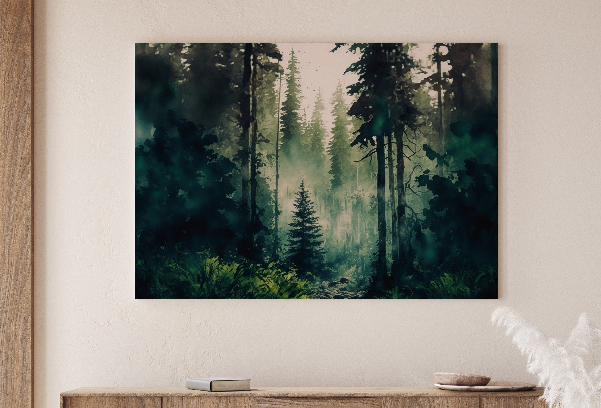 Watercolor Dense Forest Landscape Printable. Printable Wall Art. Digital Art. Green Forest Trees Painting Print. Nature Decor. Forest Art