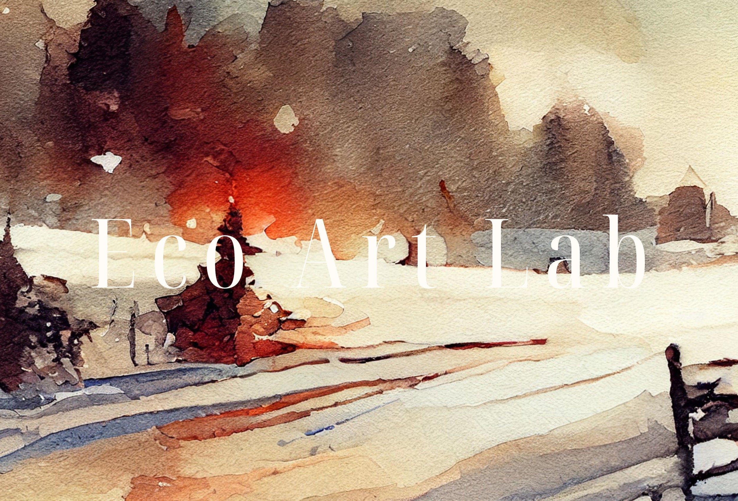 Winter Landscape Painting. Watercolor Printable Art. Snowy Sunset Rustic Country Print. Farmhouse Decor Digital Download. Vintage Style Art