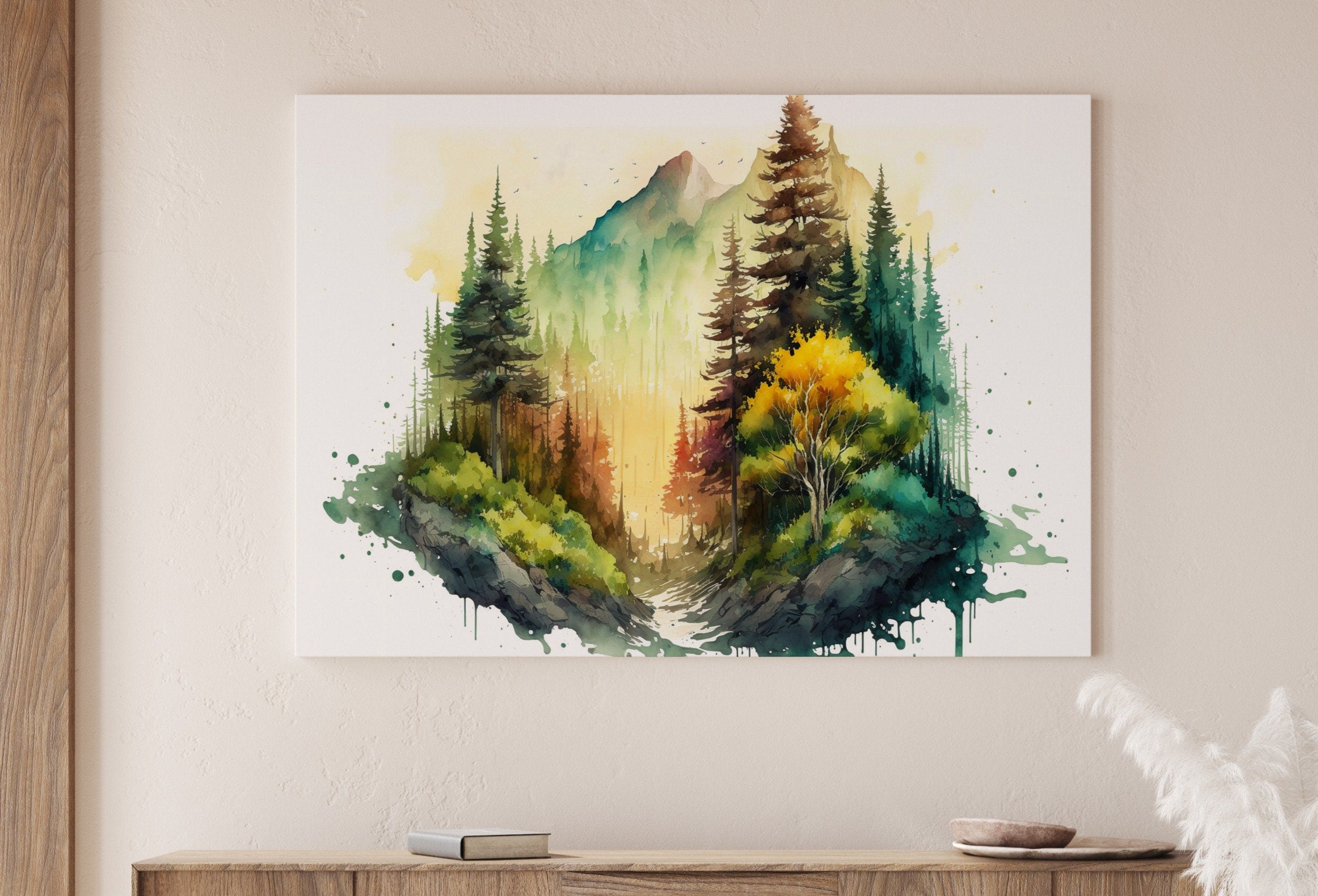 Watercolor Forest Landscape Printable. Digital Art. Green Forest Trees Painting Print. Printable Wall Art. Nature Decor. Mountain Forest Art