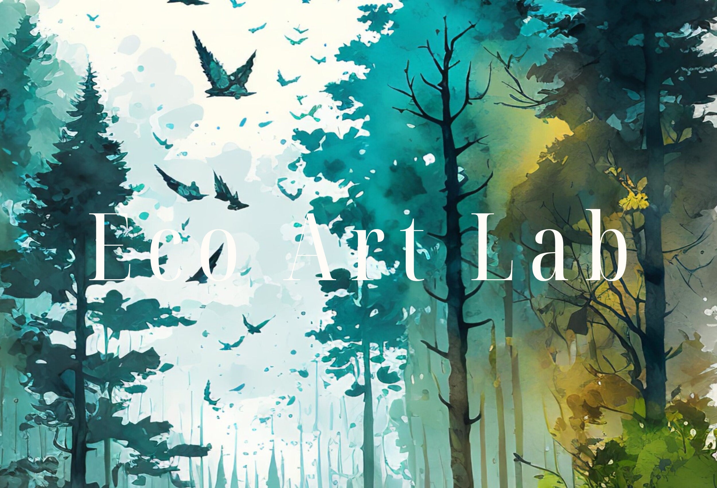 Watercolor Forest Landscape Printable. Printable Wall Art. Green Forest with Birds. Trees Painting Print. Nature Decor. Mountain Forest Art