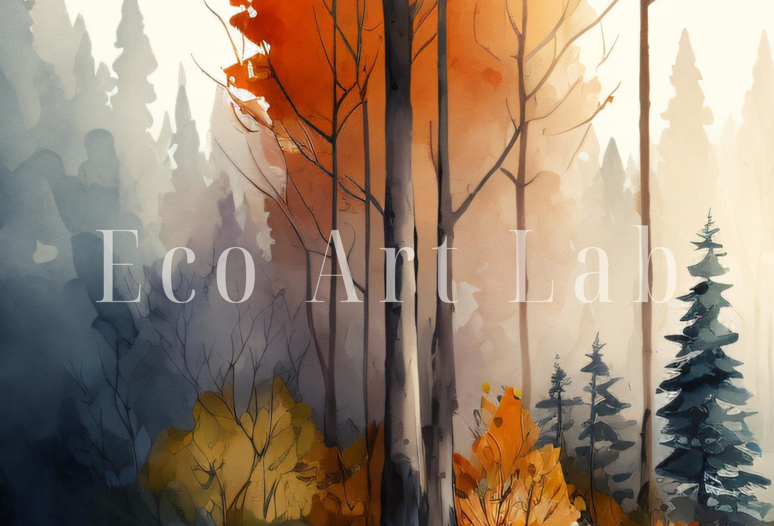 Watercolor Autumn Forest Trees Painting Print. Forest Landscape Printable. Printable Wall Art. Digital Art Nature Decor. Mountain Forest Art