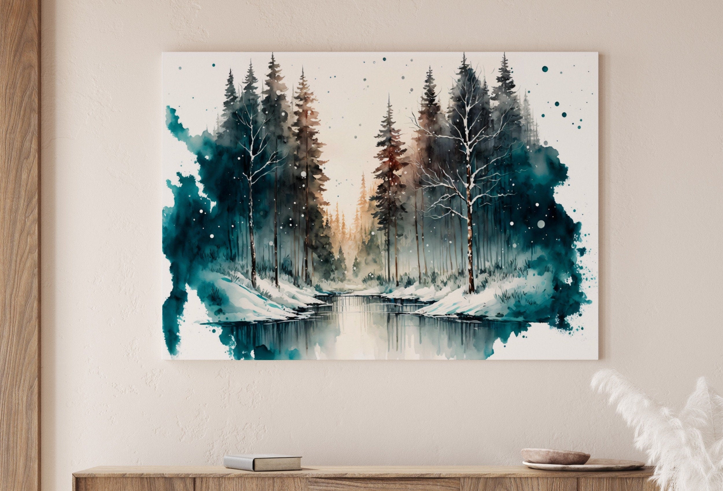Watercolor Winter Forest River Landscape Printable Art. Green Forest Trees Painting Print. Printable Wall Art. Digital Forest Nature Decor