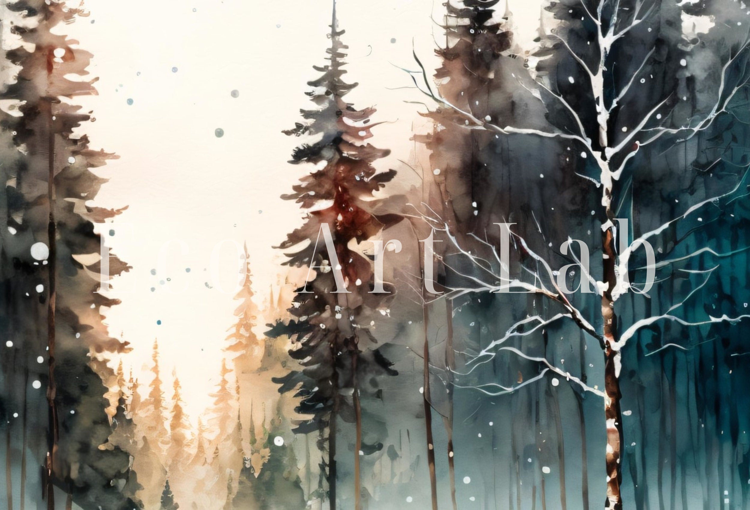 Watercolor Winter Forest River Landscape Printable Art. Green Forest Trees Painting Print. Printable Wall Art. Digital Forest Nature Decor