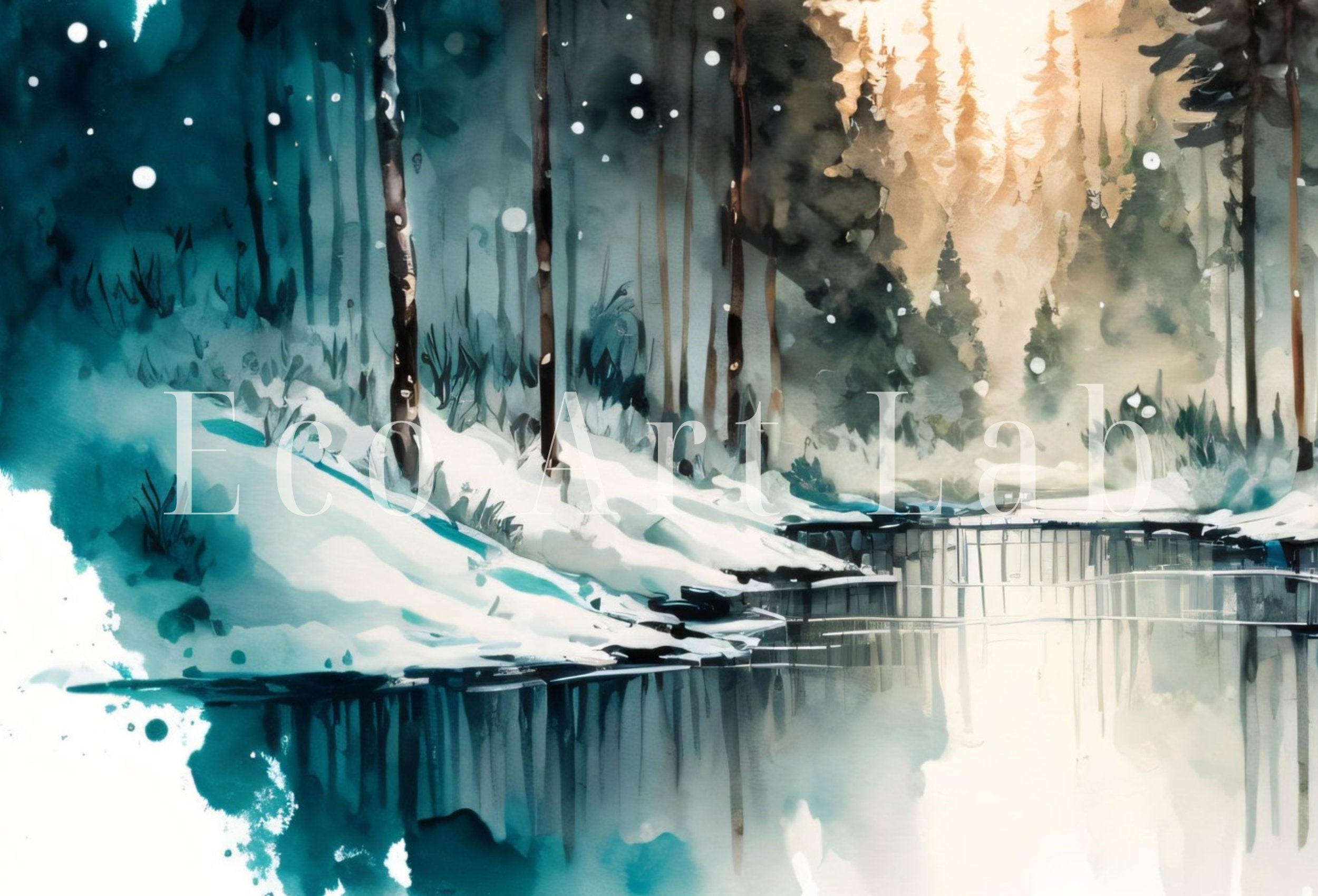 Watercolor Winter Forest River Landscape Printable Art. Green Forest Trees Painting Print. Printable Wall Art. Digital Forest Nature Decor