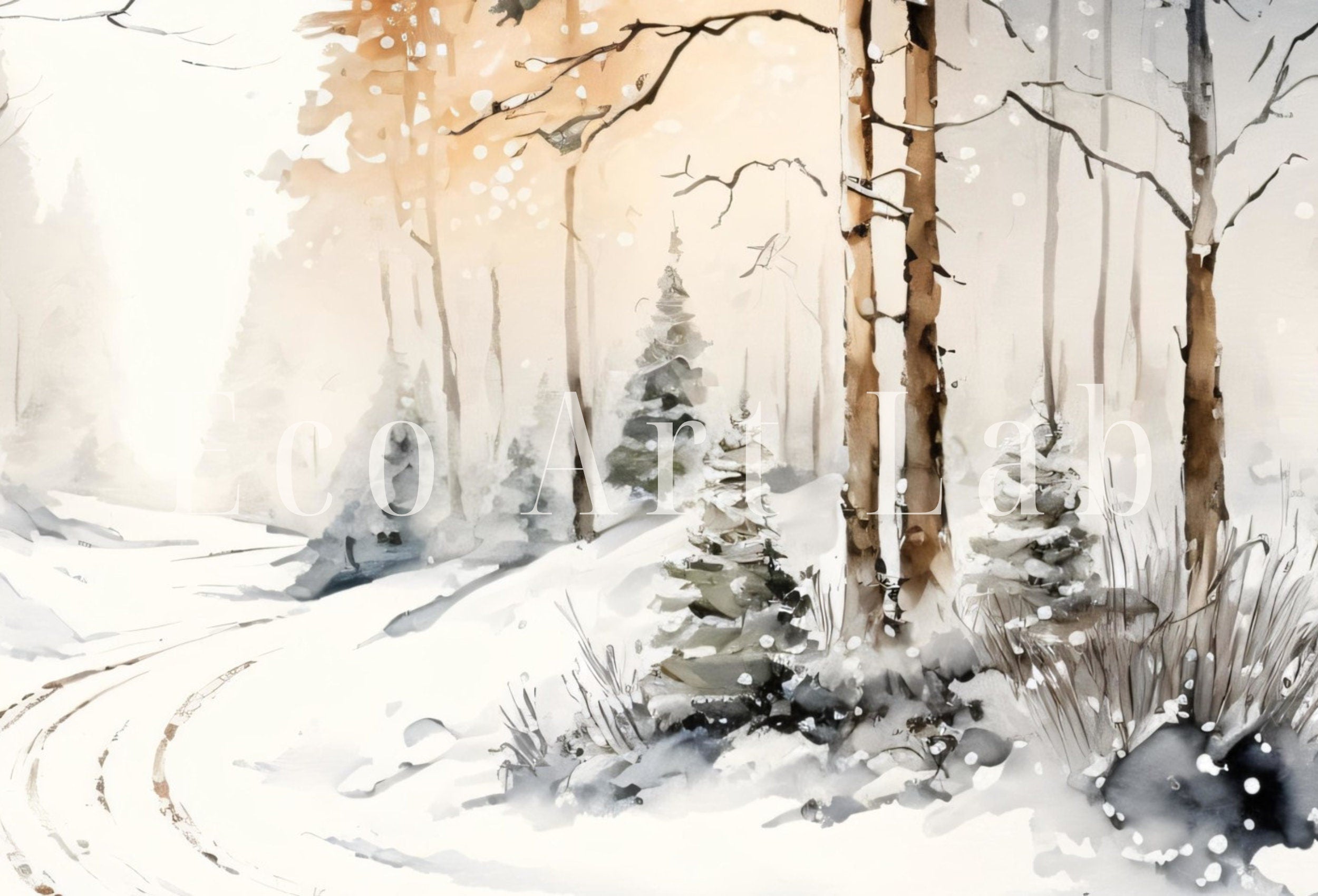 Winter Forest Trail Watercolor Landscape Printable Art. Green Forest Trees Painting Print. Printable Wall Art. Digital Forest Nature Decor