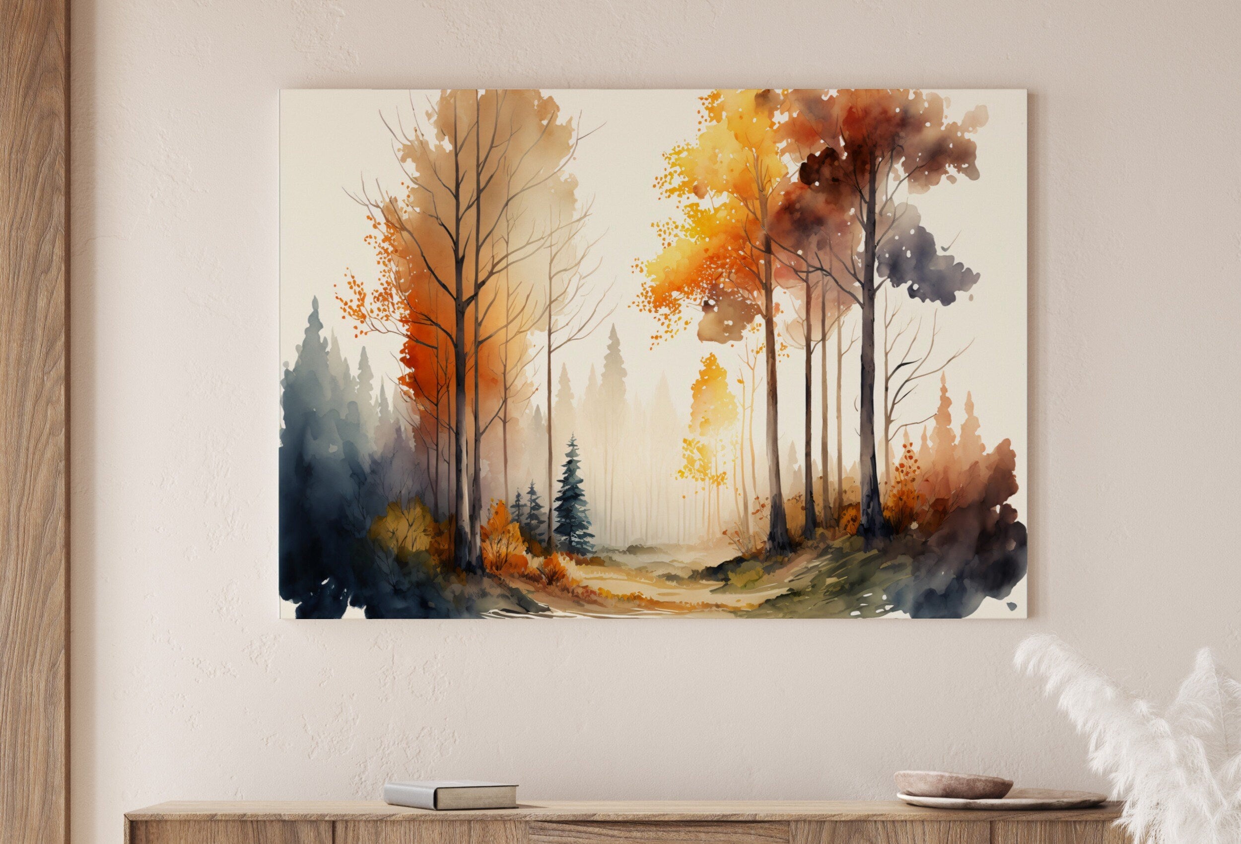Watercolor Autumn Forest Trees Painting Print. Forest Landscape Printable. Printable Wall Art. Digital Art Nature Decor. Mountain Forest Art